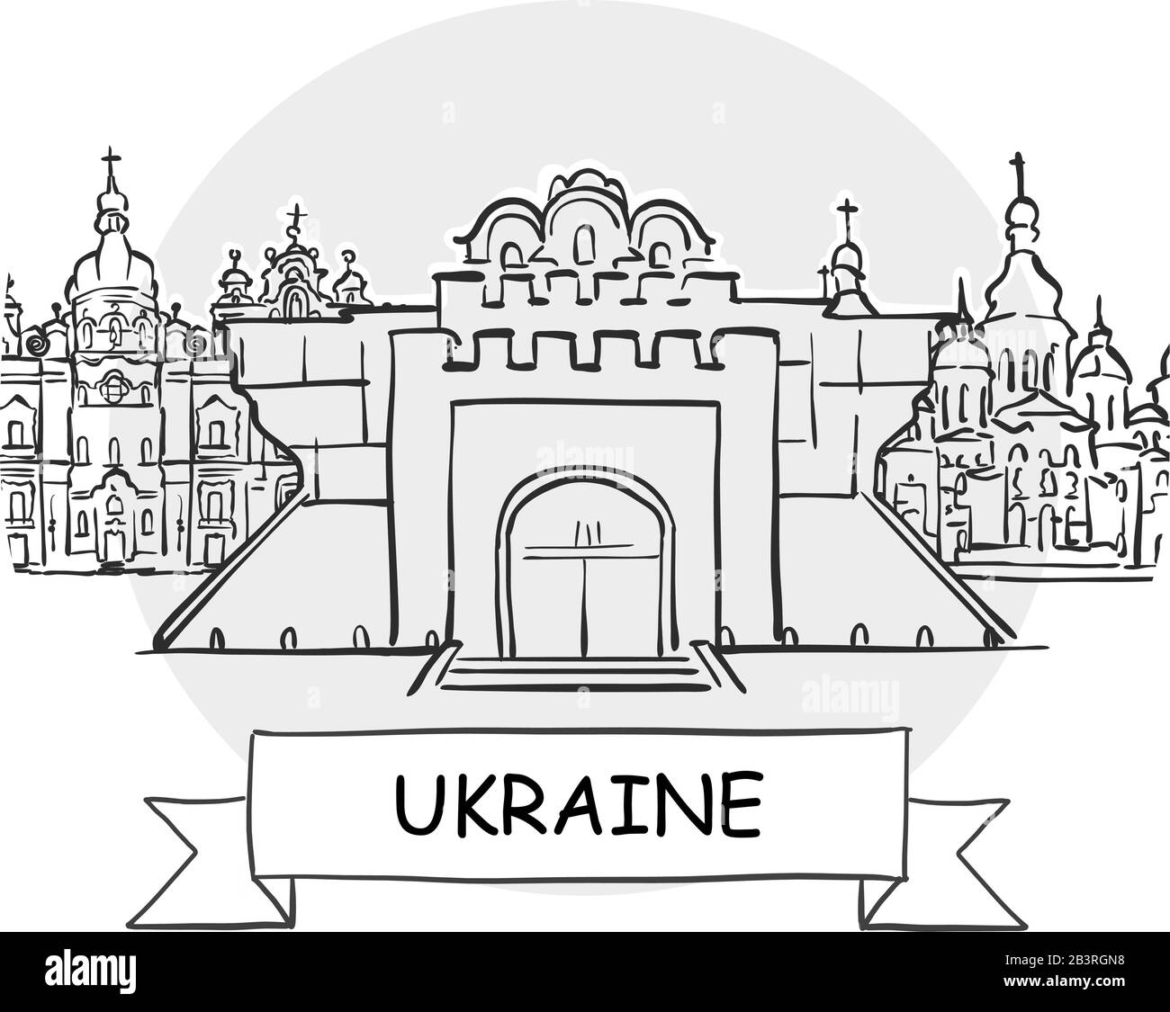 Ukraine Hand-Drawn Stadtvektor-Zeichen. Schwarze Strichzeichnung mit Farbband und Titel. Stock Vektor