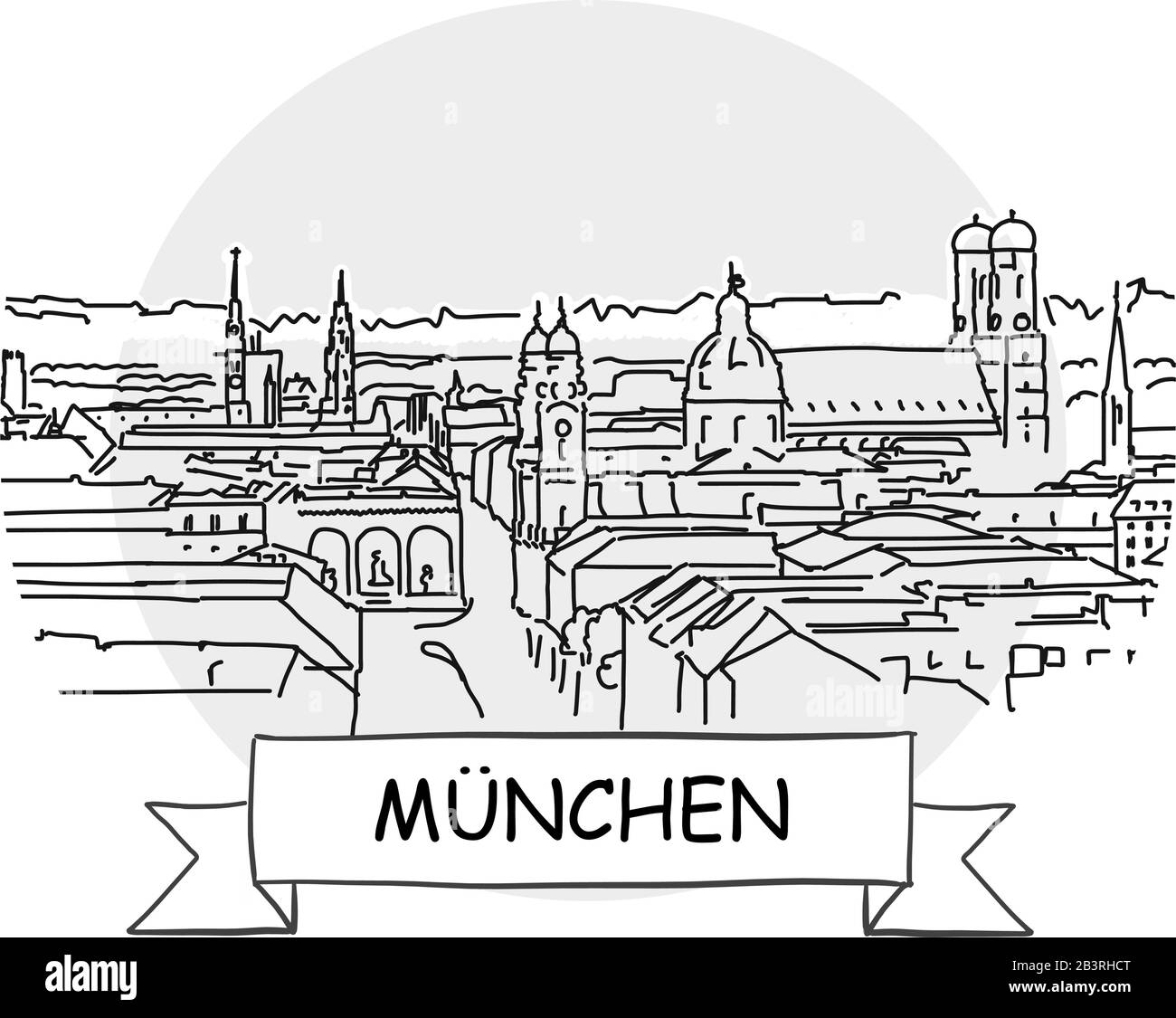 Stadtvektor-Schild Mit Handdrawn In München. Schwarze Strichzeichnung mit Farbband und Titel. Stock Vektor