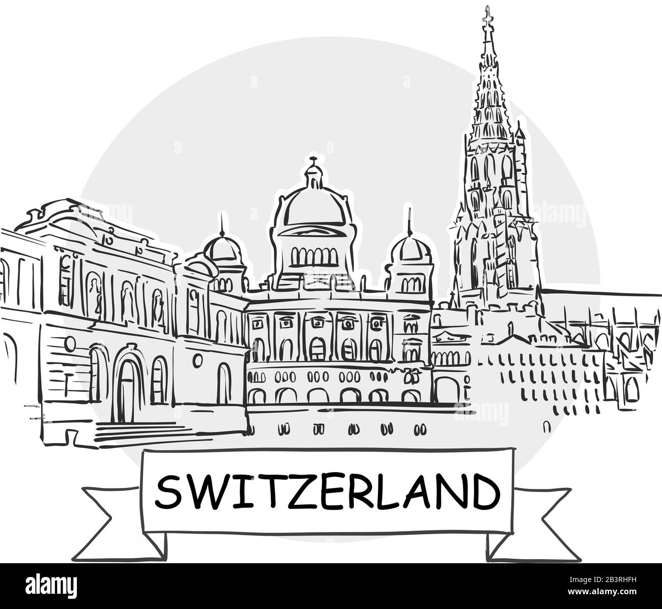 Stadtvektorzeichen Für Handdrawn In Der Schweiz. Schwarze Strichzeichnung mit Farbband und Titel. Stock Vektor