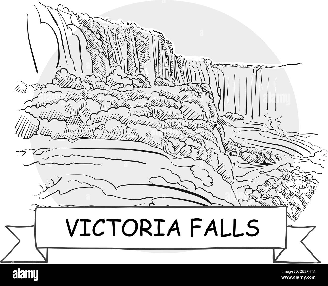 Victoria Falls Hand-Drawn Stadtvektor-Schild. Schwarze Strichzeichnung mit Farbband und Titel. Stock Vektor
