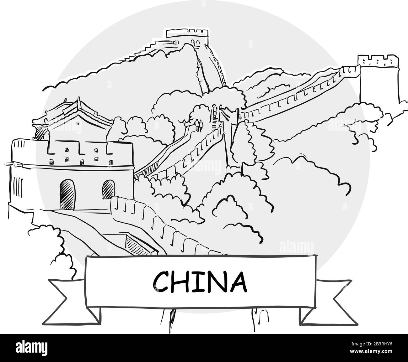 China - Stadtvektorzeichen Mit Handdrawn. Schwarze Strichzeichnung mit Farbband und Titel. Stock Vektor