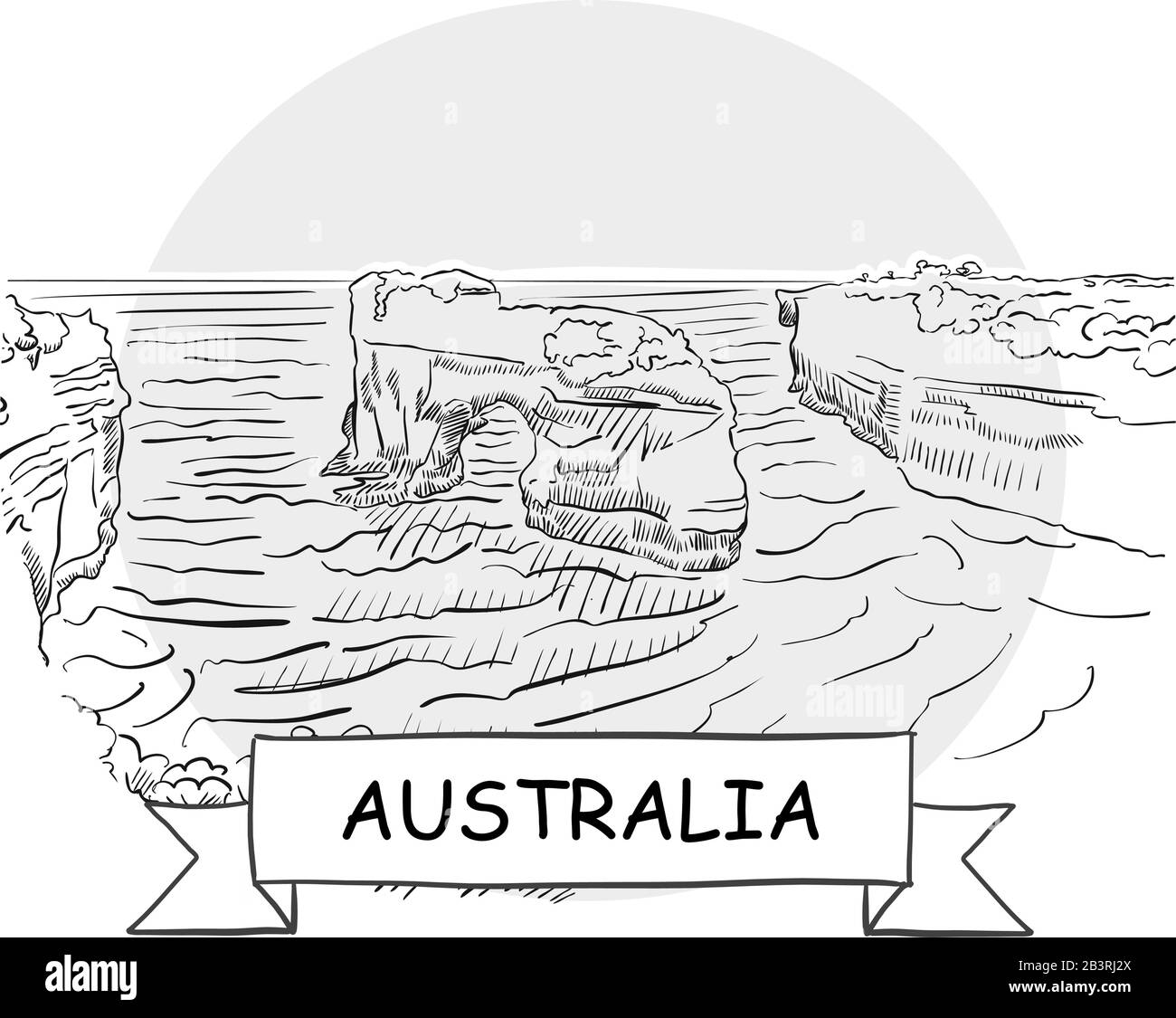 Australien - Stadtvektor-Schild Mit Handdrawn. Schwarze Strichzeichnung mit Farbband und Titel. Stock Vektor Australien - Stadtvektor-Schild Mit Handdrawn. Schwarze Strichzeichnung mit Farbband und Titel. Stock Vektor