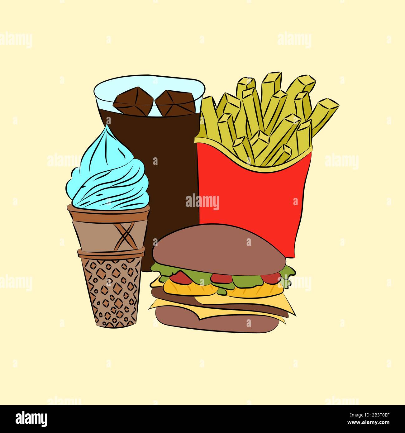 Fast-Food-Drink mit Eis, Burger und Pommes Frites Stock Vektor
