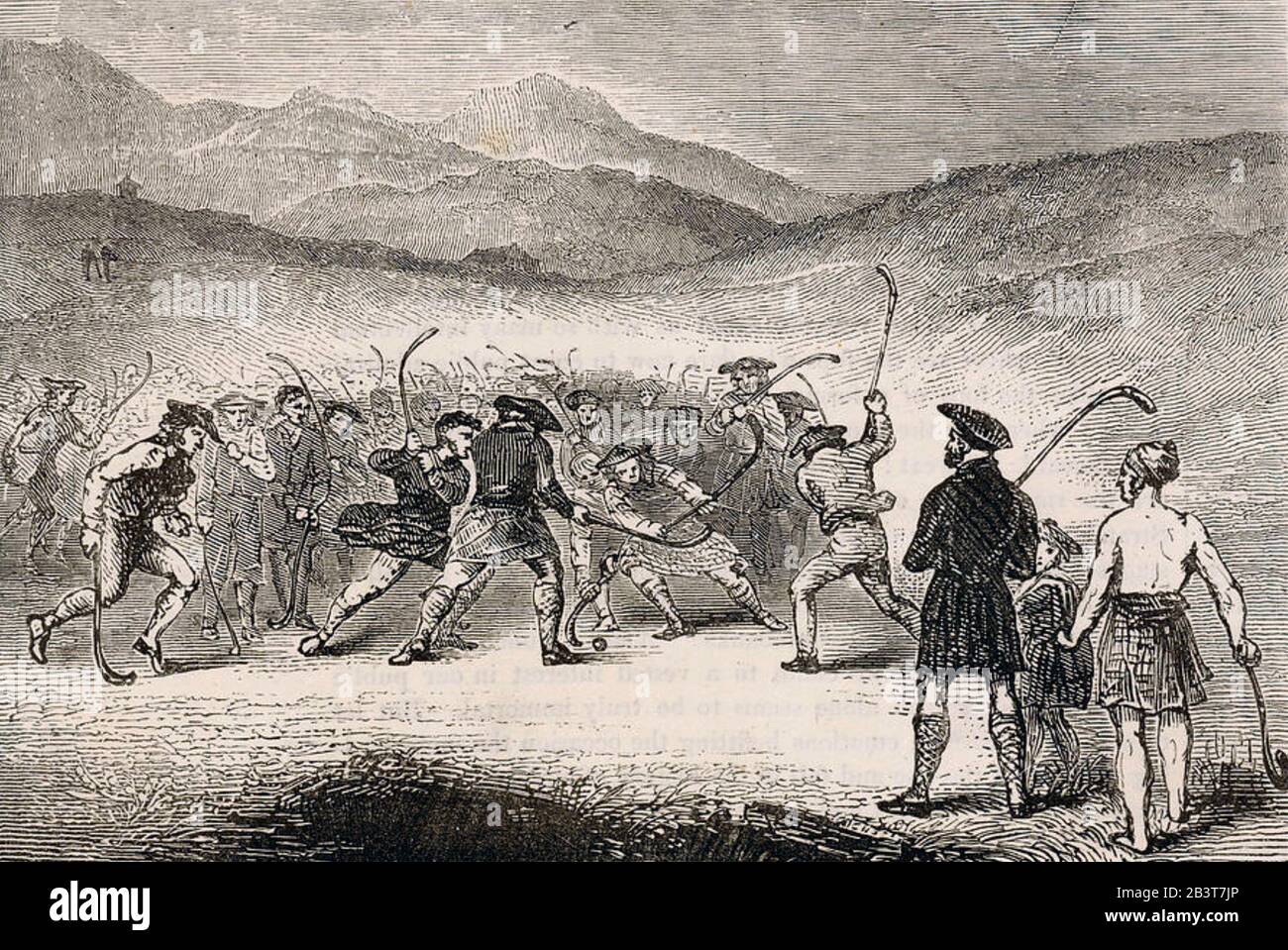 Schinziges schottisches Mannschaftsspiel in einer Gravur Mitte des 19. Jahrhunderts Stockfoto