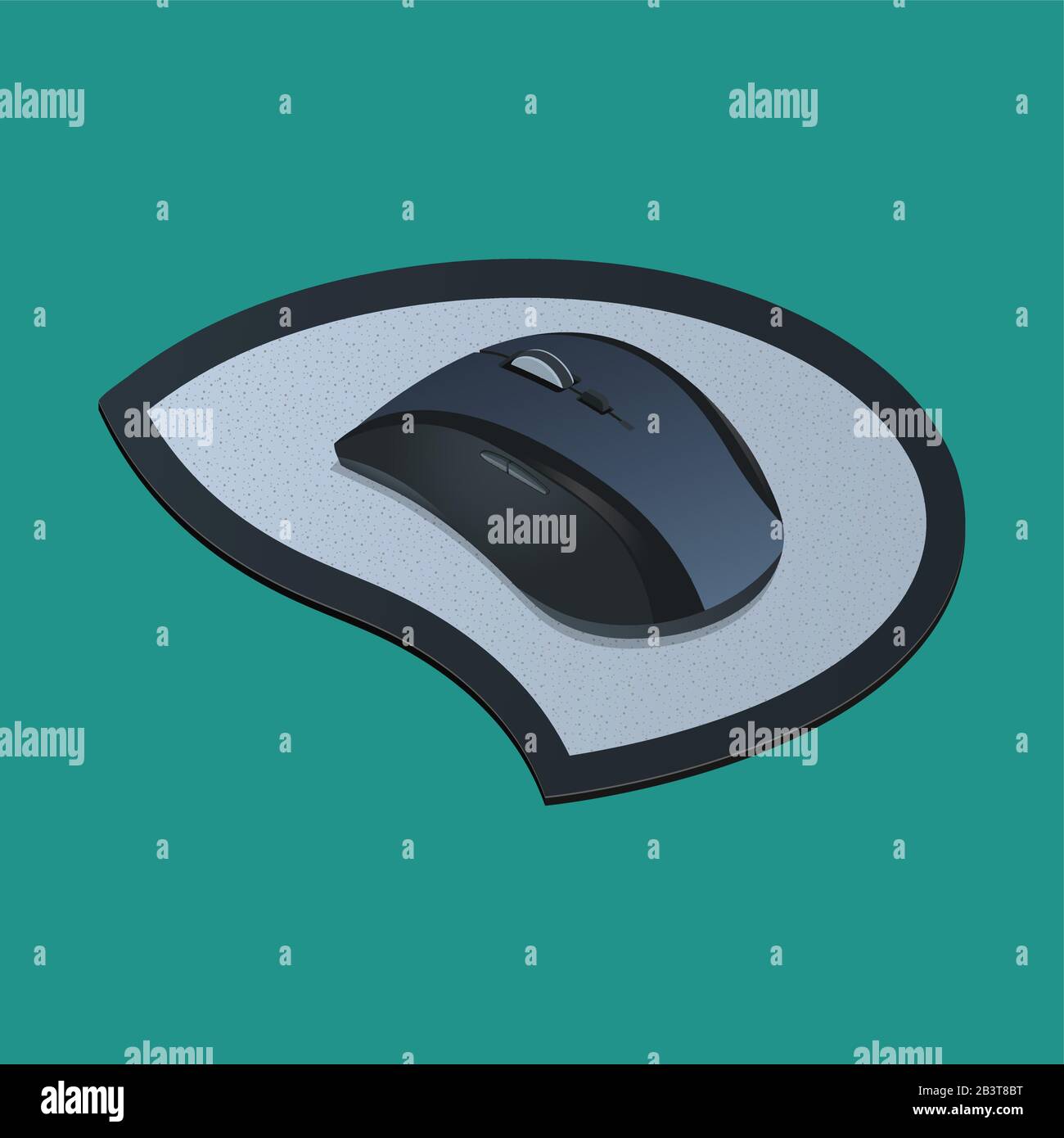 Realistische Maus mit einem Teppich auf dem isolierten grünen Hintergrund. Die Computerausrüstung im isometrischen 3d-Stil. Vektorgrafiken. Stock Vektor