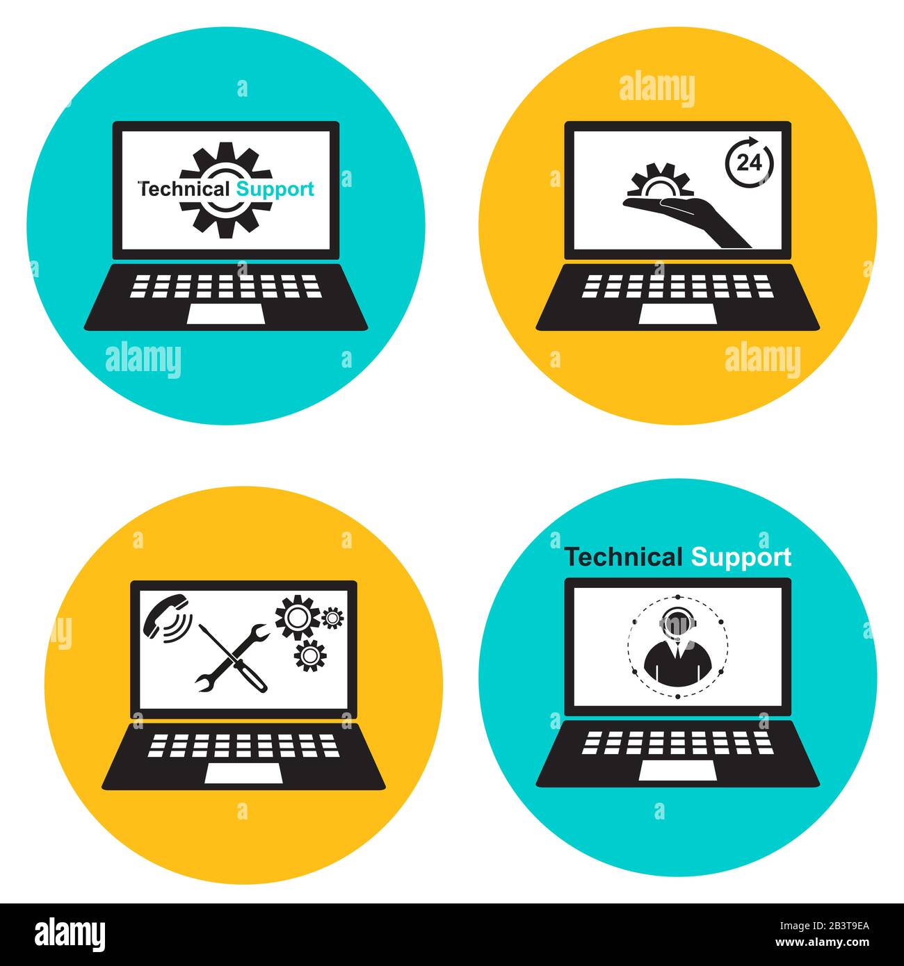 Eine Reihe von Symbolen, technischer Support, Computerreparatur. Die Vektorgrafiken in flacher Ausführung. Elemente für das Design. Einfacher Stil. Stock Vektor