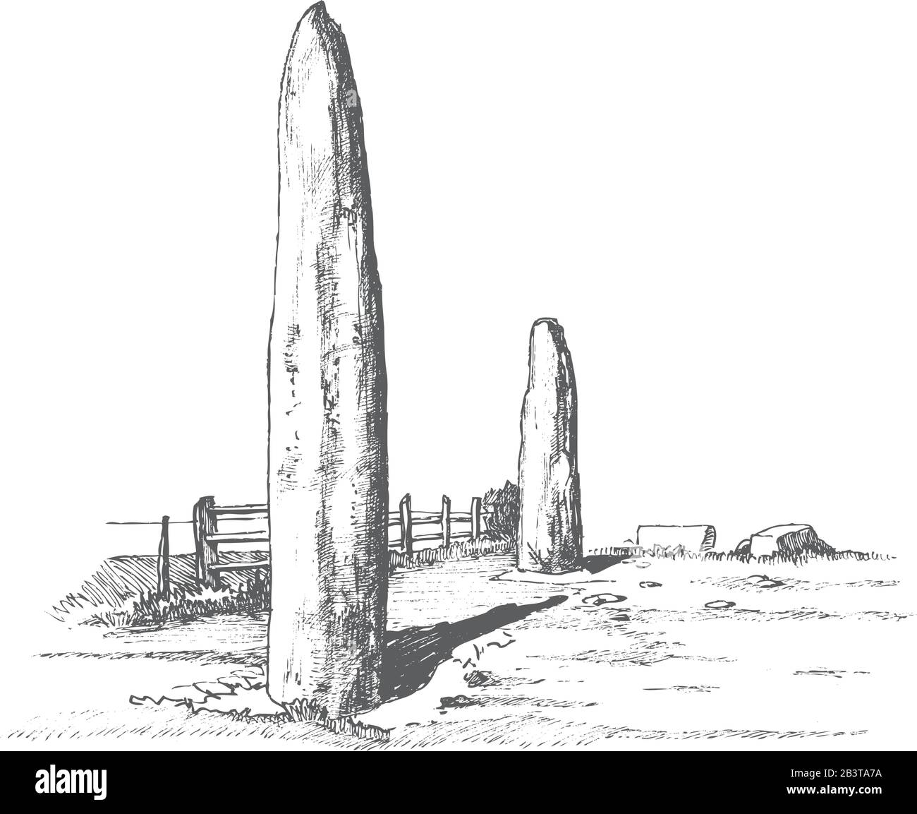 Menhire, vertikale Steine unbekannter Herkunft, Vektorgrafiken. Grafische Zeichnung. Steinzeit. Megalithen Stock Vektor