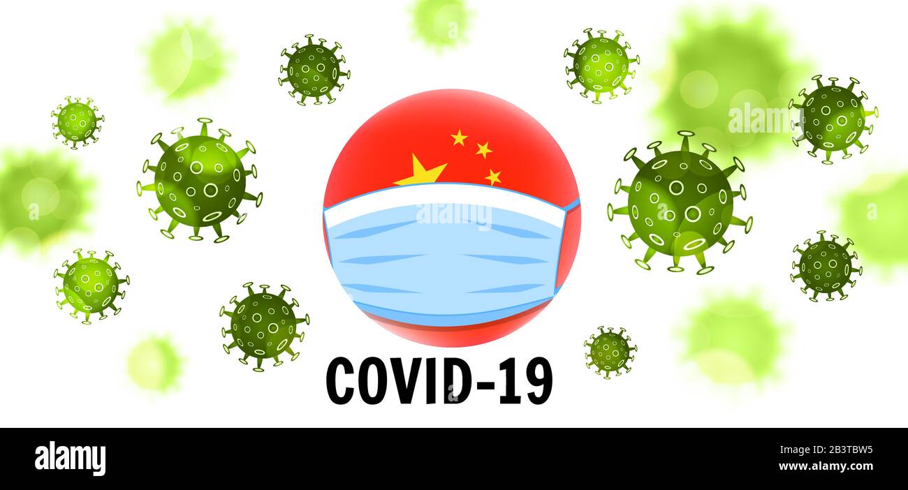 Coronavirus COVID-19-Konzept. Erde in einer medizinischen Maske. Gefährlicher ausbruch des chinesischen nCoV-Coronavirus. Pandemie-Medizinkonzept mit gefährlichen Zellen. Vec Stock Vektor