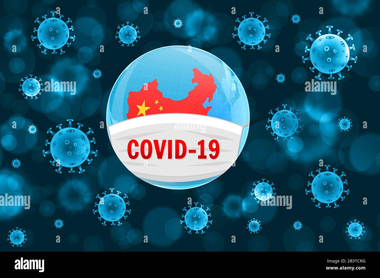 Coronavirus COVID-19-Konzept. Erde in einer medizinischen Maske. Gefährlicher ausbruch des chinesischen nCoV-Coronavirus. Pandemie-Medizinkonzept mit gefährlichen Zellen. Vec Stock Vektor