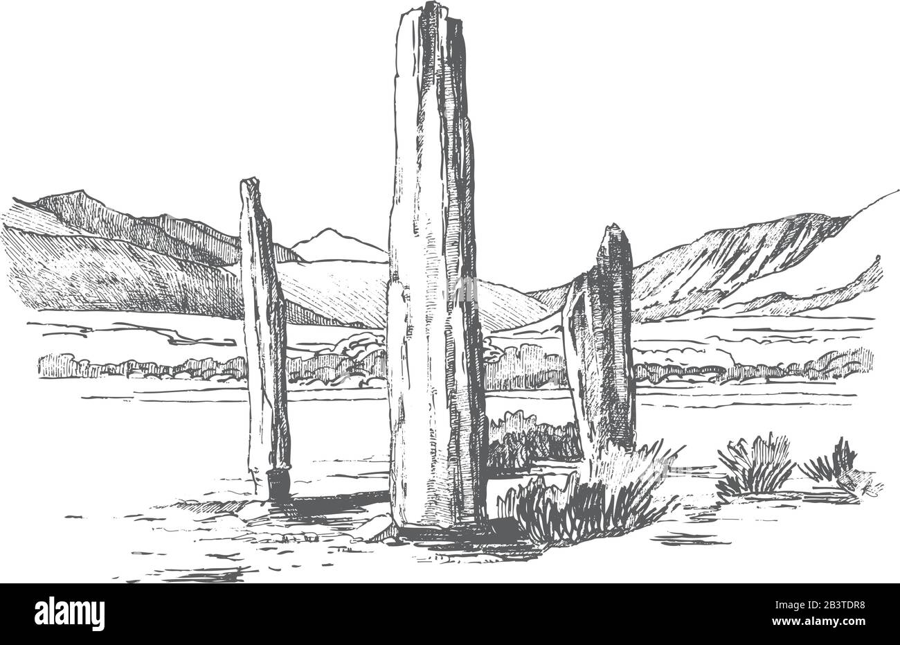Menhire, vertikale Steine unbekannter Herkunft, Vektorgrafiken. Grafische Zeichnung. Steinzeit. Megalithen Stock Vektor