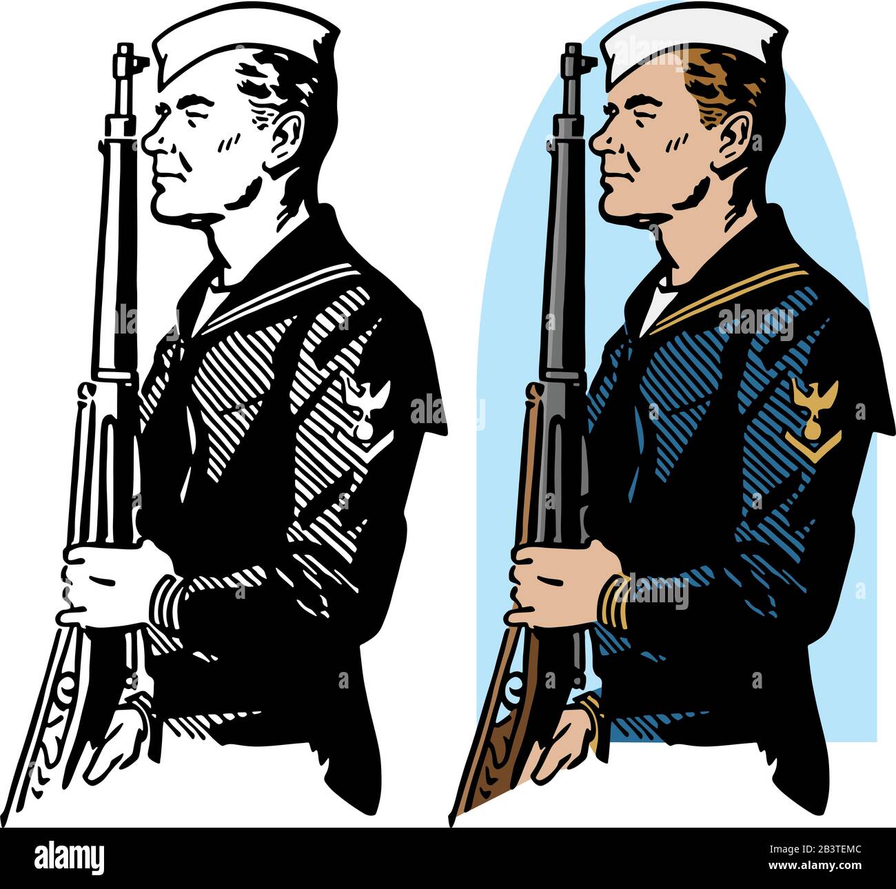 Eine Zeichnung eines Soldaten der Marine aus der Zeit des zweiten Weltkriegs, der beim halten eines Gewehrs auf sich aufmerksam gemacht wurde. Stock Vektor