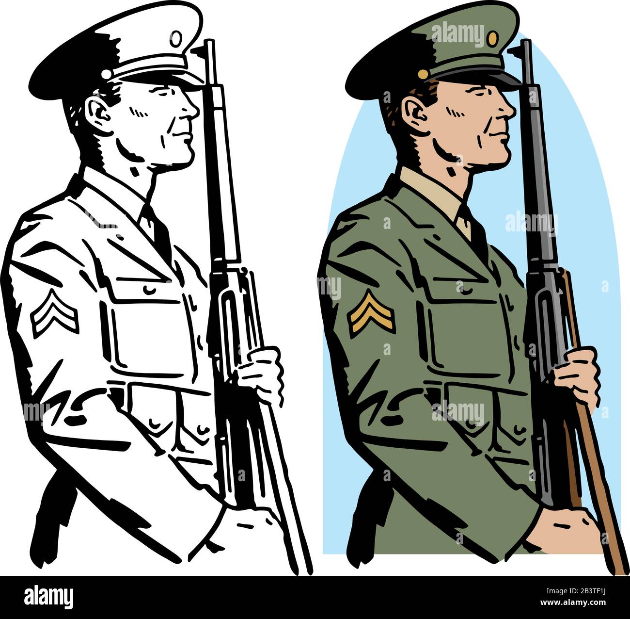 Eine Zeichnung eines Soldaten der amerikanischen Armee aus der Zeit des zweiten Weltkriegs, der mit einem Gewehr auf sich aufmerksam gemacht wurde. Stock Vektor