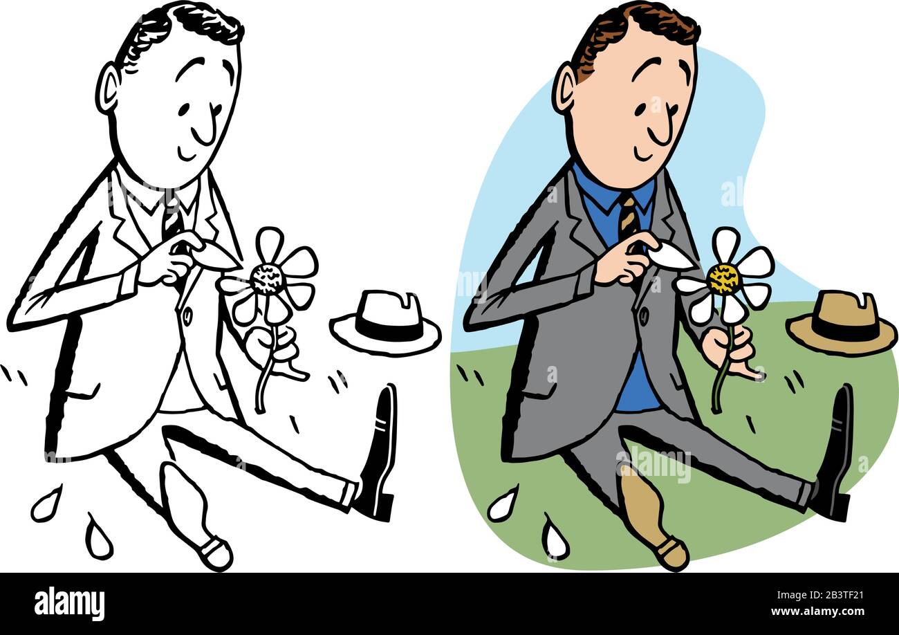 Ein Zeichentrickfilm eines Mannes, der "er liebt mich, sie liebt mich nicht" spielt, indem er Blumenblätter zupft. Stock Vektor
