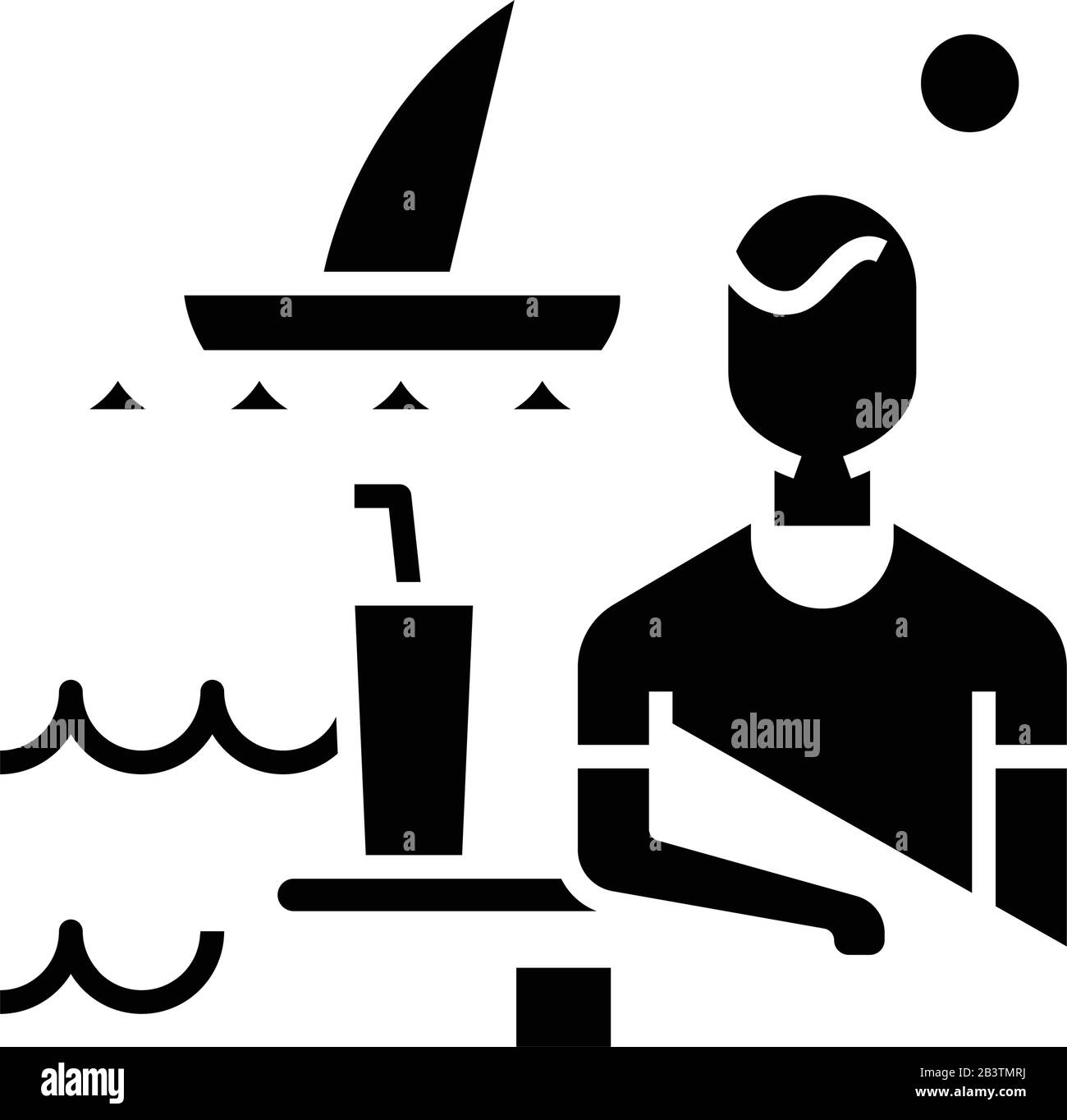 Schwarzes Symbol für Urlaub am Meer, Konzeptzeichnung, Vektor-Flachsymbol, Glyph-Zeichen. Stock Vektor