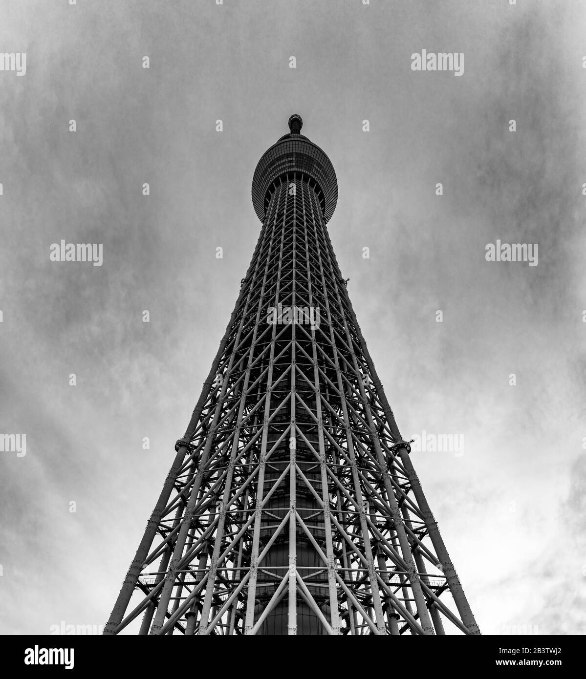 Ein Schwarz-Weiß-Bild des Tokyo Skytree, wie von unten zu sehen. Stockfoto