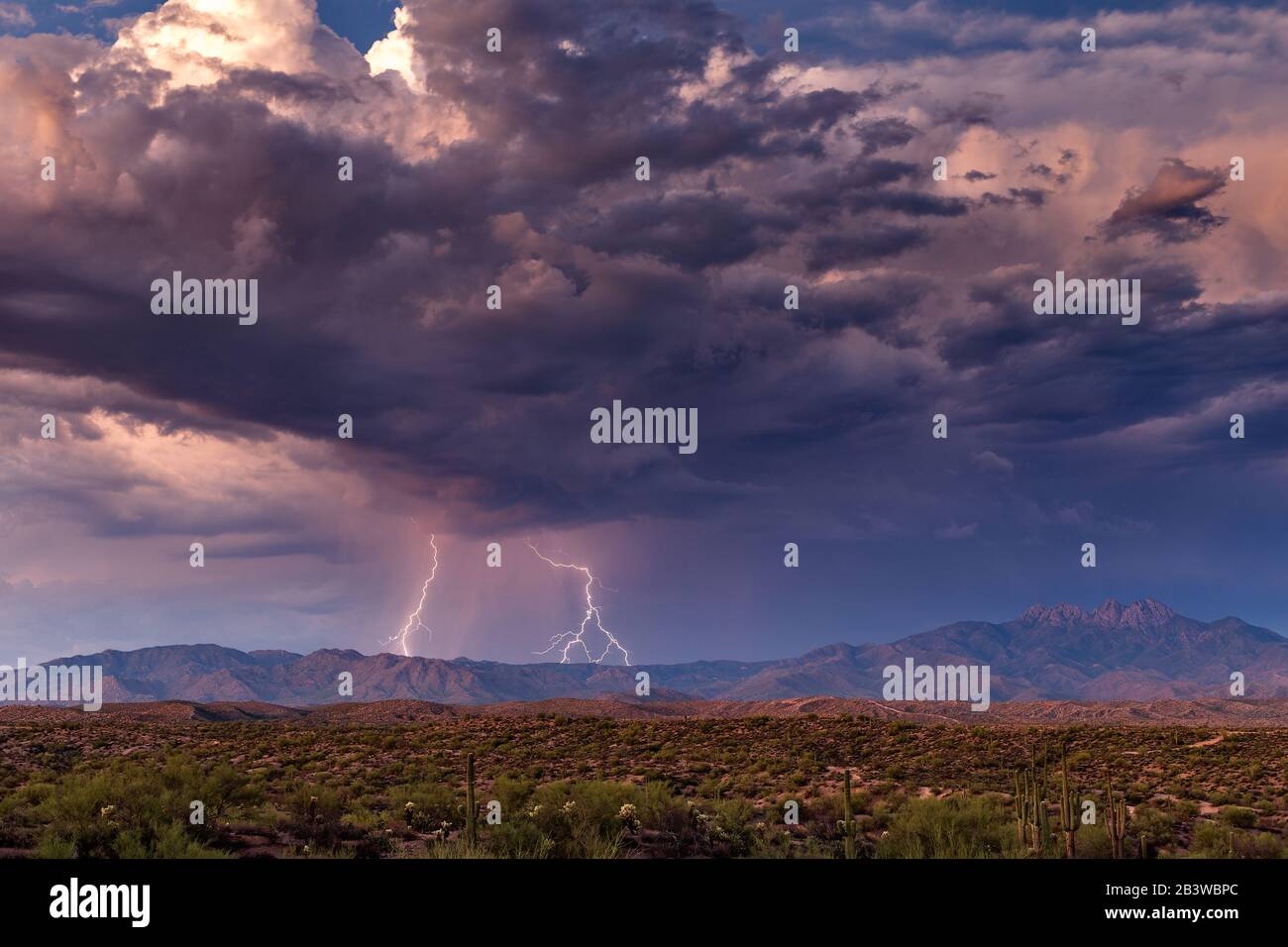 Blitzschlag von einem Monsun-Gewitter über den Four Peaks und Mazatzal Mountains in der Nähe von Phoenix, Arizona Stockfoto