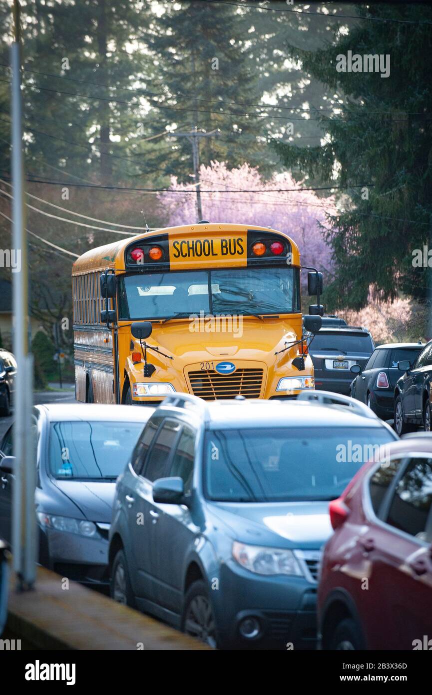 Ein Schulbus mit einem Schüler kommt an, als Lake Oswego, Oregon Schulbeamte die Forest Hills Elementary School wieder öffnen, nachdem sie seit letztem Freitag aufgrund eines positiven COVID-19-Tests auf einen Schulangestellten geschlossen wurden. Der Schulbezirk brachte ein spezialisiertes Reinigungsteam ein, das das Wochenende durcharbeitete. Eine Reinigung der Lake Oswego Schulen wird auf 100.000,00 US-Dollar geschätzt. Stockfoto