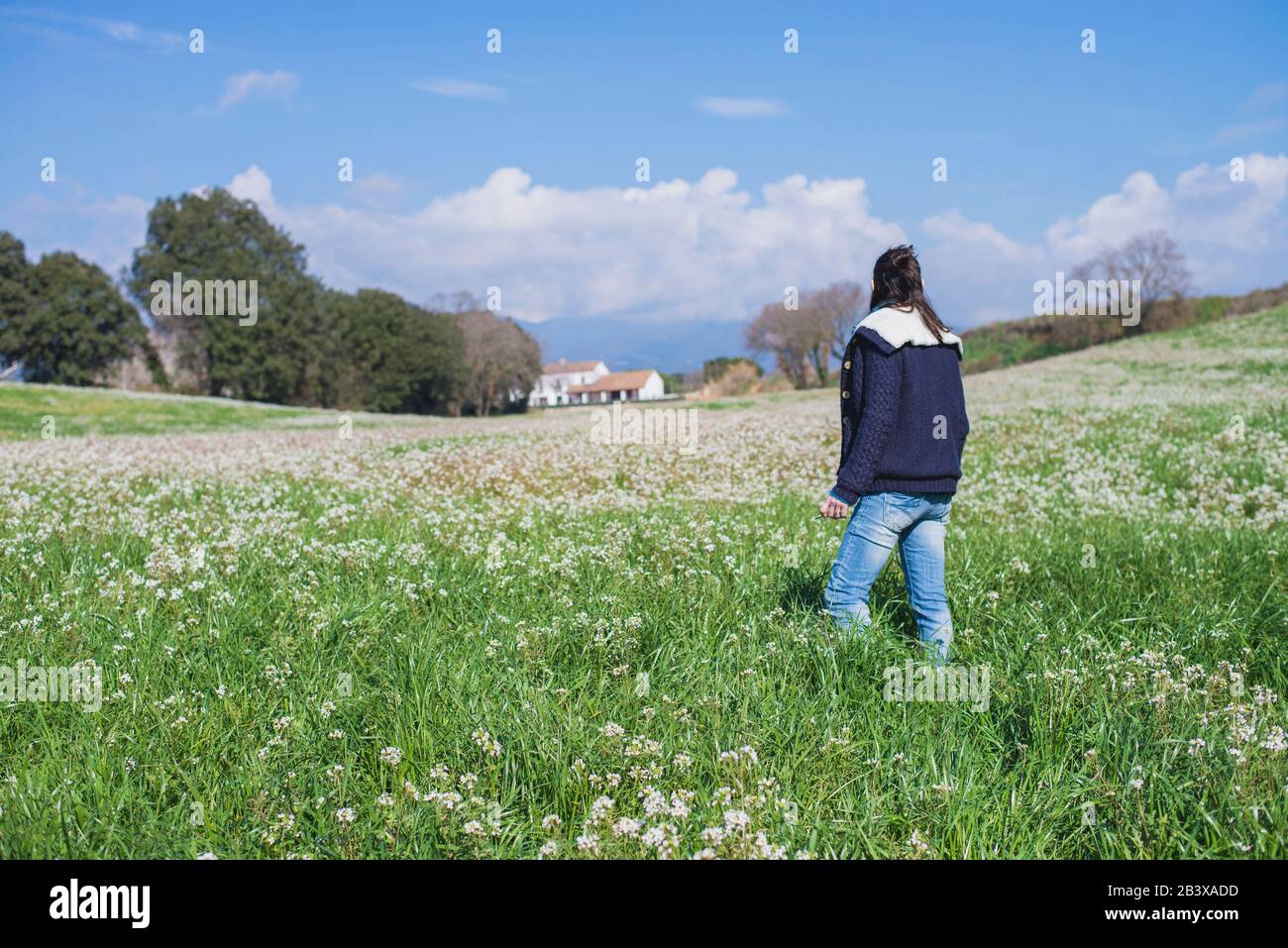 Rückansicht der Frau in legerer Kleidung beim gehen auf dem Feld Stockfoto