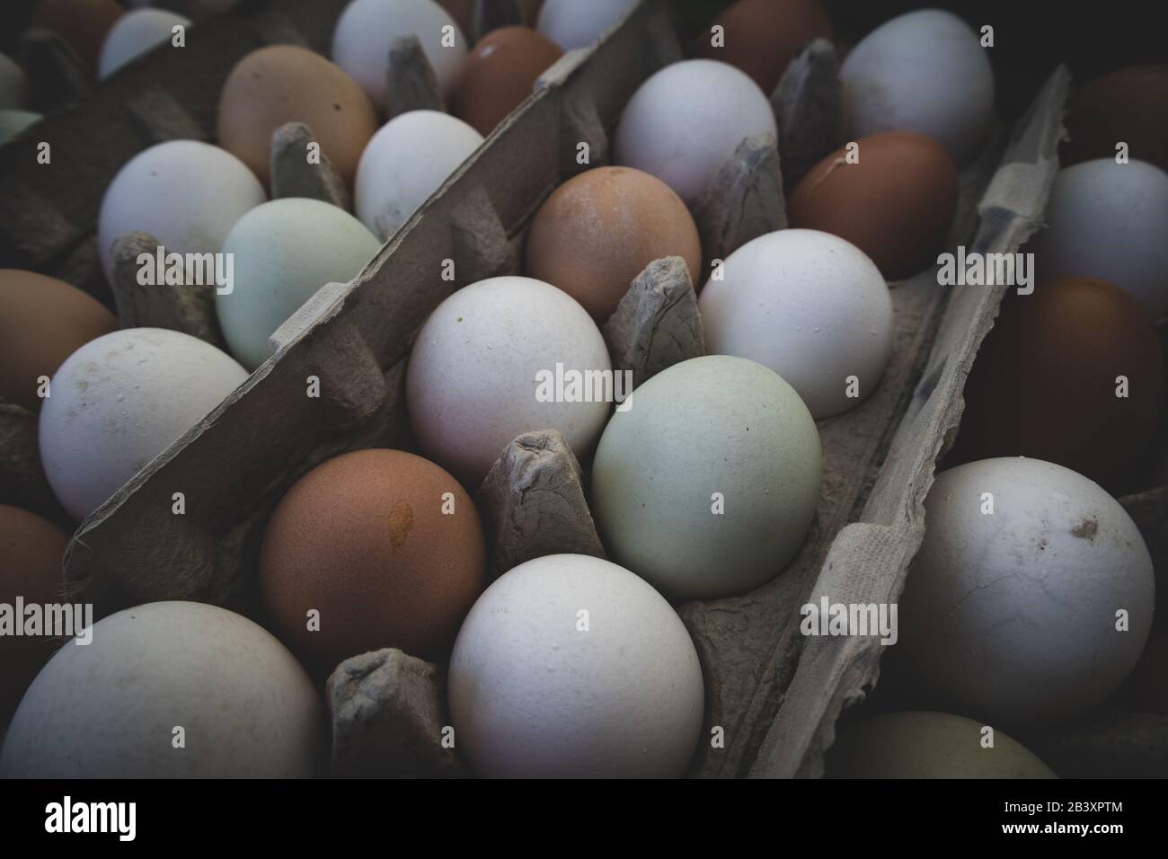 Frischer Karton mit braunen weißen und grünen Eiern auf Dem Markt Stockfoto