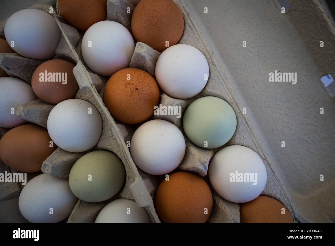 Frischer Karton mit braunen weißen und grünen Eiern auf Dem Markt Stockfoto