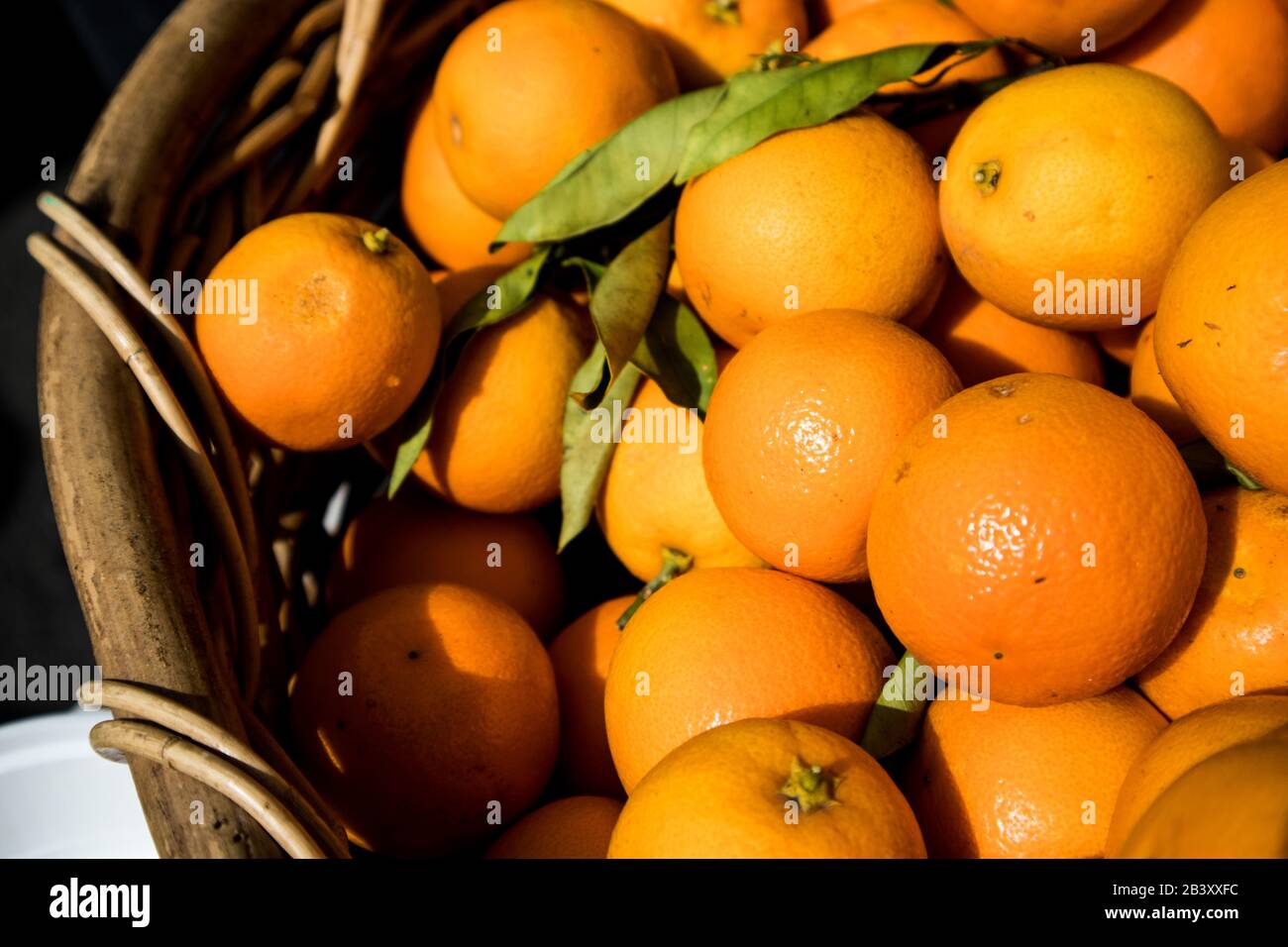 Orangenkorb auf Dem Markt in Kalifornien Stockfoto