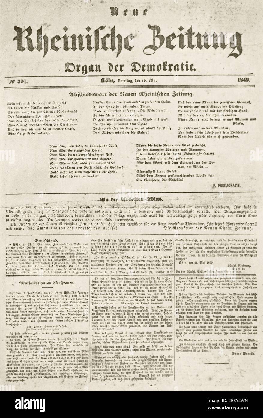 Abschiedsausgabe der neuen Rheinische Zeitung, 19. Mai 1849. Stockfoto