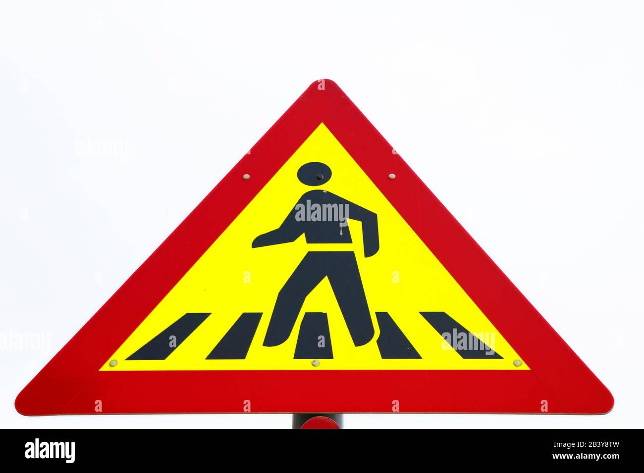 Schild für Fußgänger, die auf der Straße spazieren gehen, gelbe und rote Tafel mit weißem Hintergrund Stockfoto