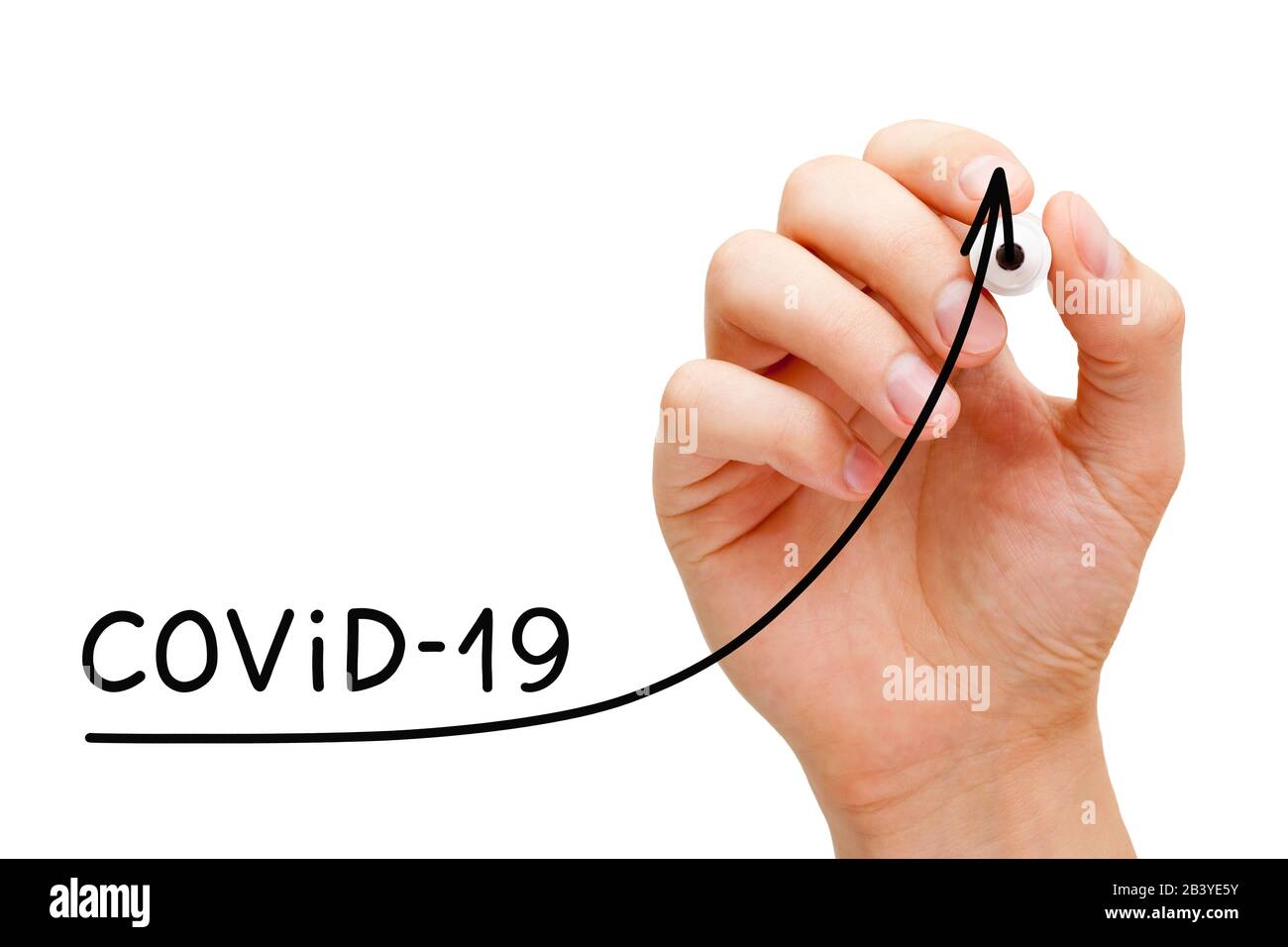 Handzeichnung zunehmende Coronavirus Covid-19-Hüllen Diagrammkonzept mit schwarzem Marker auf transparentem Glasplatine. Stockfoto