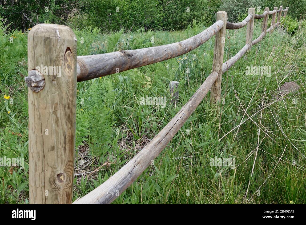 Ein selbstgemachter Holzzaun verläuft durch ein Feld. Stockfoto