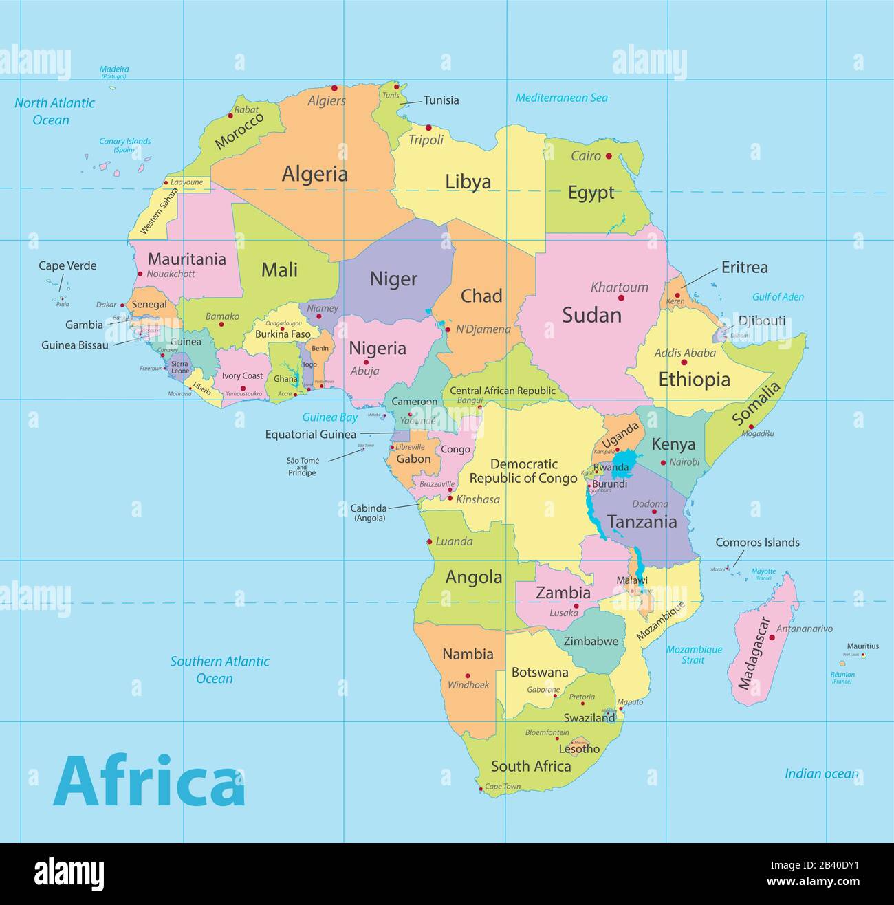 Afrika-Karte bunte, neue politische Detailkarte, separate Einzelstaaten, mit Staats- und Seenamen, blauer Hintergrundvektor Stock Vektor