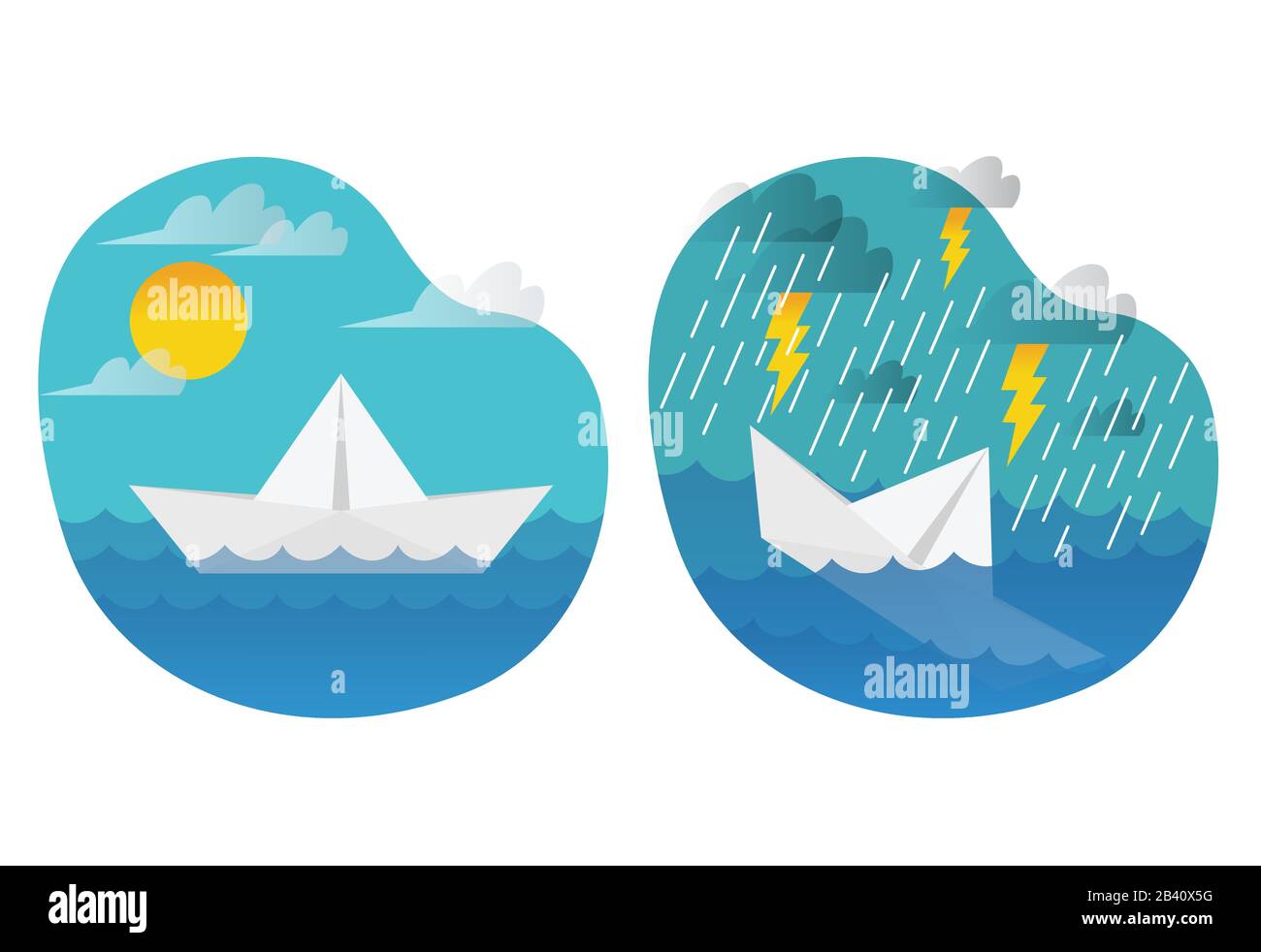 Illustration vor und nach sank das leise Segelpapierboot wegen eines Regenstürms. Abbildung des Lebensbegriffs. Stock Vektor