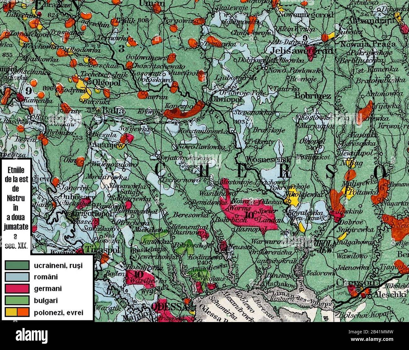 Die ethnische Karte der östlichen Regionen der Dniester in der zweiten Hälfte des 19. Jahrhunderts. Fragment von der ethnischen Karte des europäischen Russlands. Stockfoto