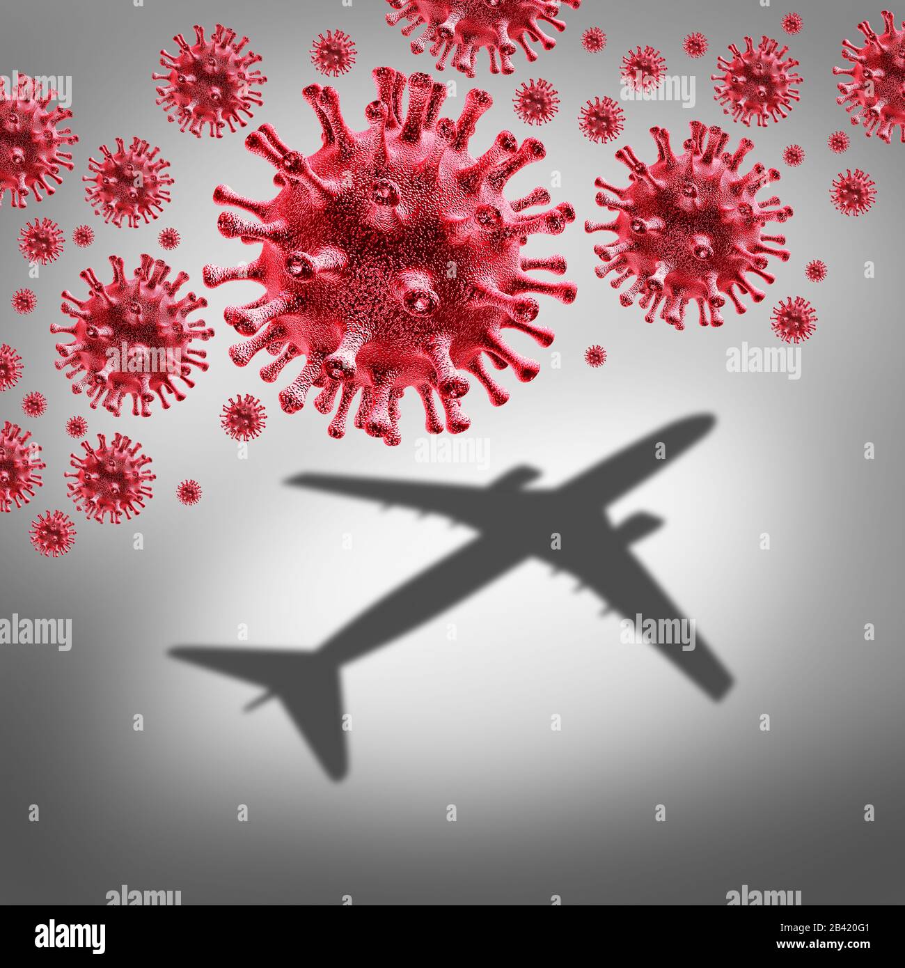 Coronavirus und Reiserisiko einer Virus- oder Bakterieninfektion in Flugzeugen und Keimhygiene bei einem Flug mit der Fluggesellschaft und den Gefahrentouristen und Reisenden. Stockfoto