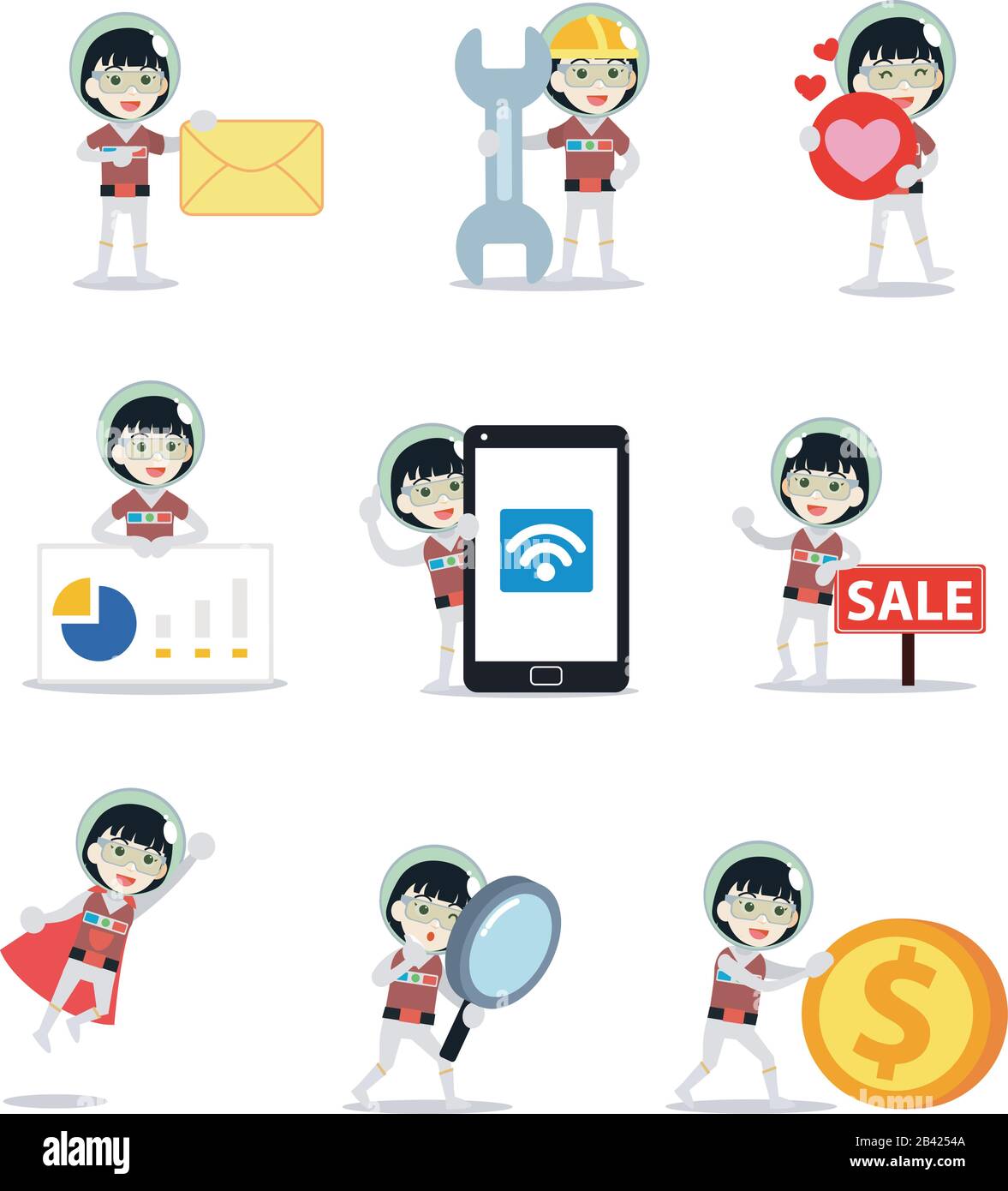 Charakter der Frau des Raumfahrers mit einem Raumfahrerhelm festlegen. Stock Vektor