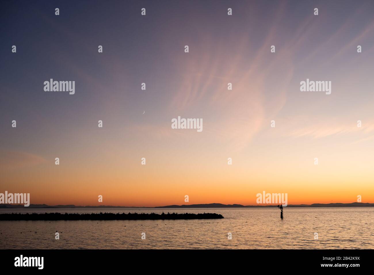 Herrlicher Sonnenuntergang im Herbst mit Neumond, White Rock, BC. Vögel nutzen Steinmetzbreakwater Stockfoto