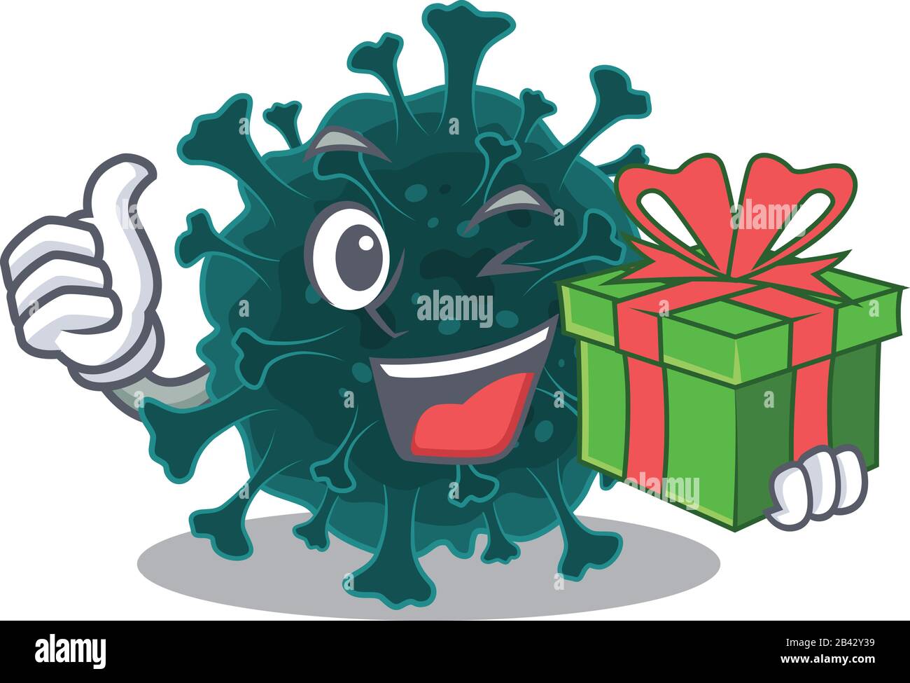 Smiley Coronavirus COVID 19 Cartoon-Charakter mit einer Geschenkbox Stock Vektor