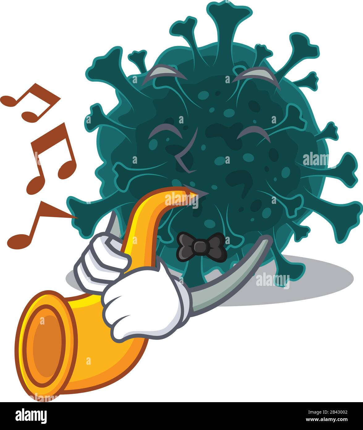 Coronavirus COVID 19 Cartoon-Charakter-Design, das eine Trompete spielt Stock Vektor