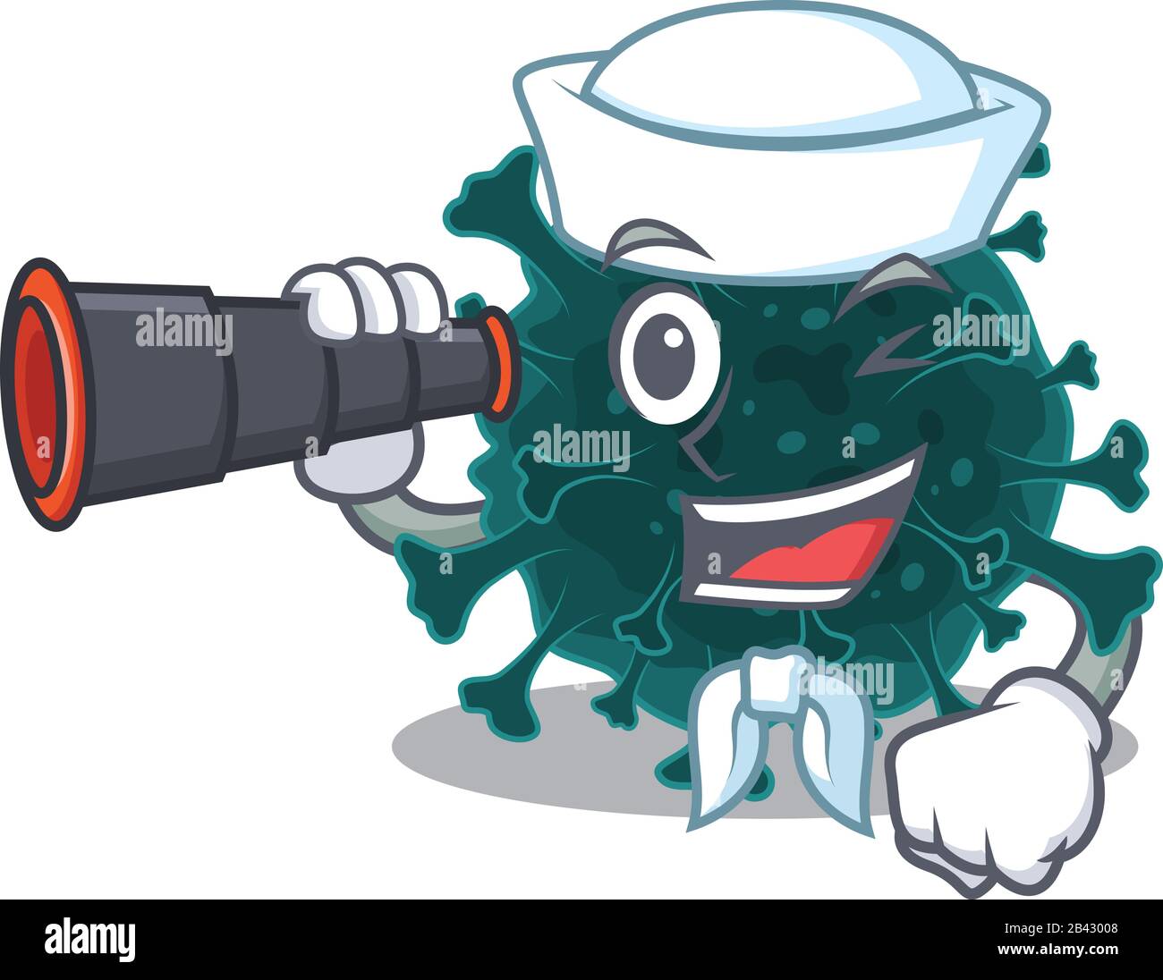 Coronavirus COVID 19 im Sailor-Cartoon-Charakterdesign mit Binokular Stock Vektor