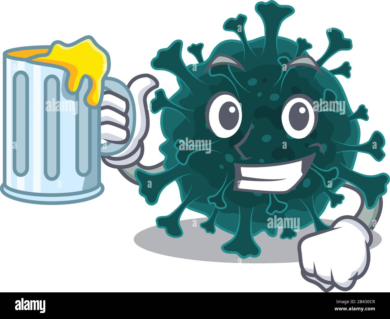 Fröhliches Coronavirus COVID 19 Maskottchen Design mit einem Glas Bier Stock Vektor