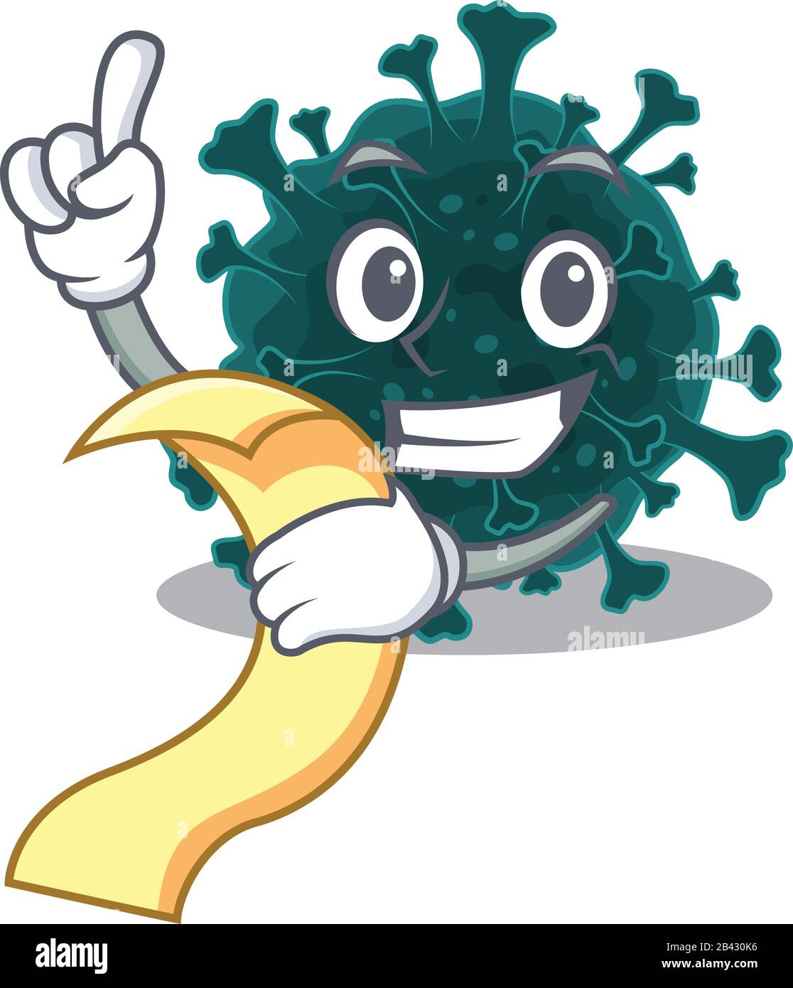 Cartoon-Charakter von Coronavirus COVID 19 hält Menü bereit zu servieren Stock Vektor