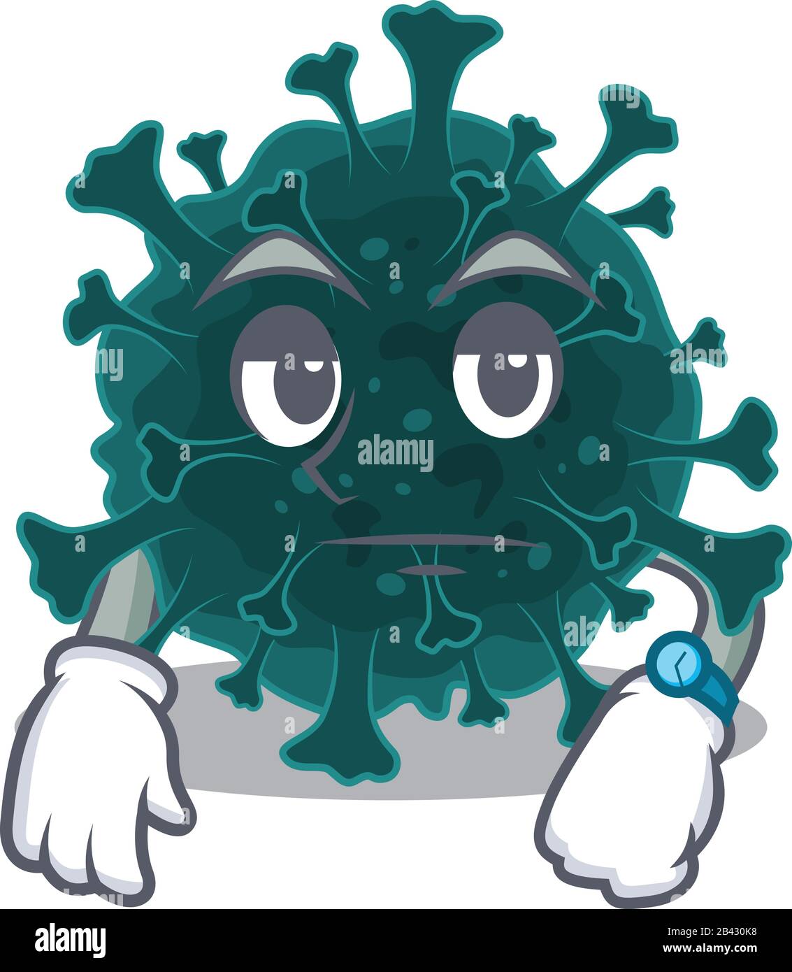 Coronavirus COVID 19 im Design mit wartenden Gesten und Maskottchen Stock Vektor