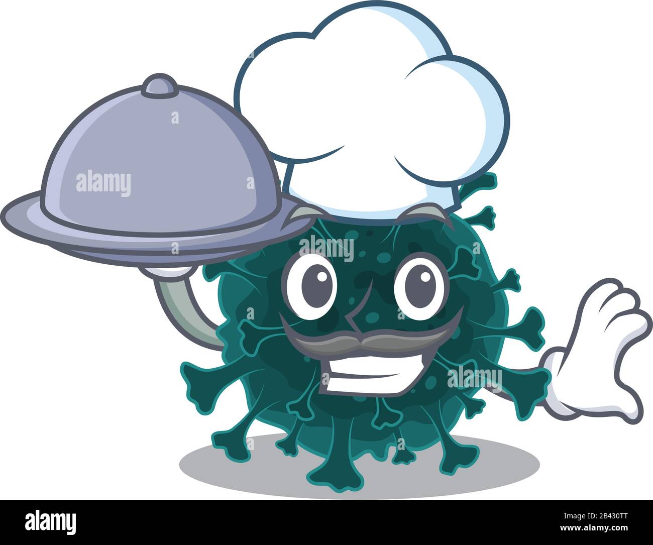 Coronavirus COVID 19 als Chef-Zeichentrickfigur mit Speisen auf dem Tablett Stock Vektor