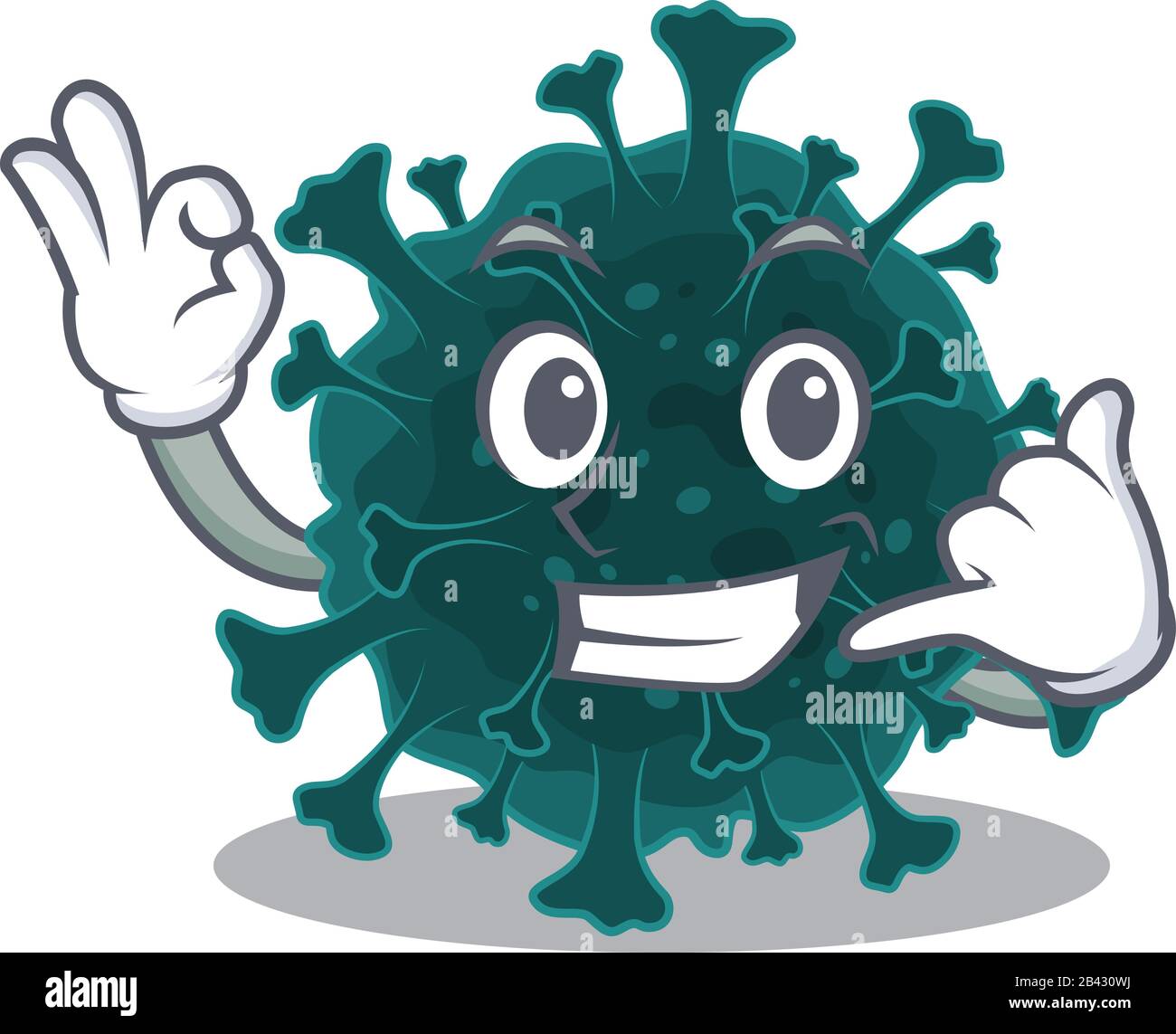 Coronavirus COVID 19 Maskottchen Cartoon-Design mit Call Me Geste Stock Vektor