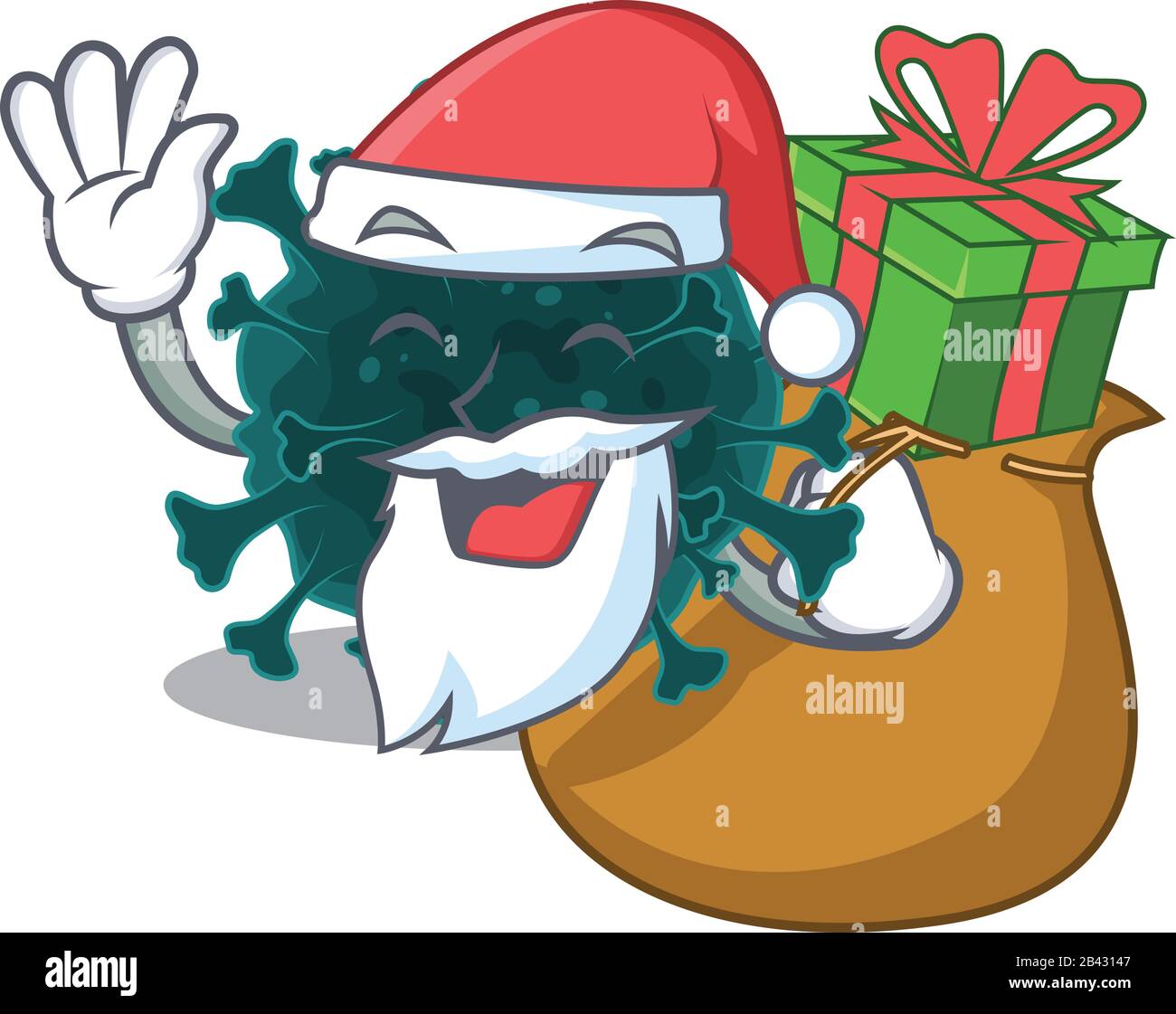 Santa Coronavirus COVID 19 Cartoon Character Design mit Geschenkbox Stock Vektor