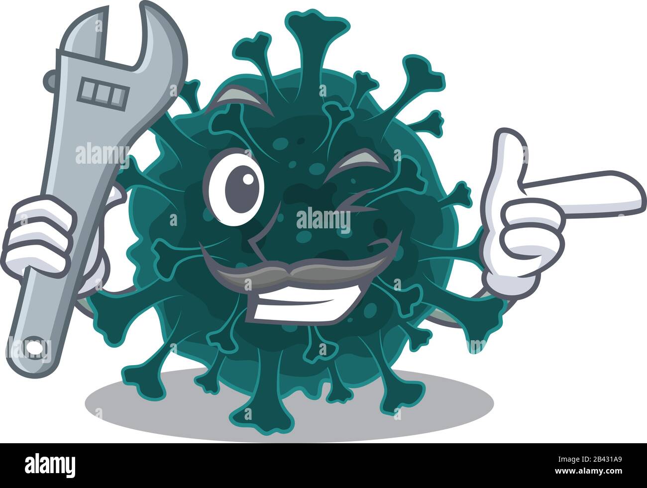 Ein Bild von Cool Mechanic Coronavirus COVID 19 Cartoon Character Design Stock Vektor