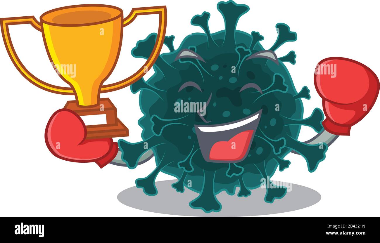 Glückliches Gesicht des Boxsiegers Coronavirus COVID 19 im Maskottchen-Design Stock Vektor