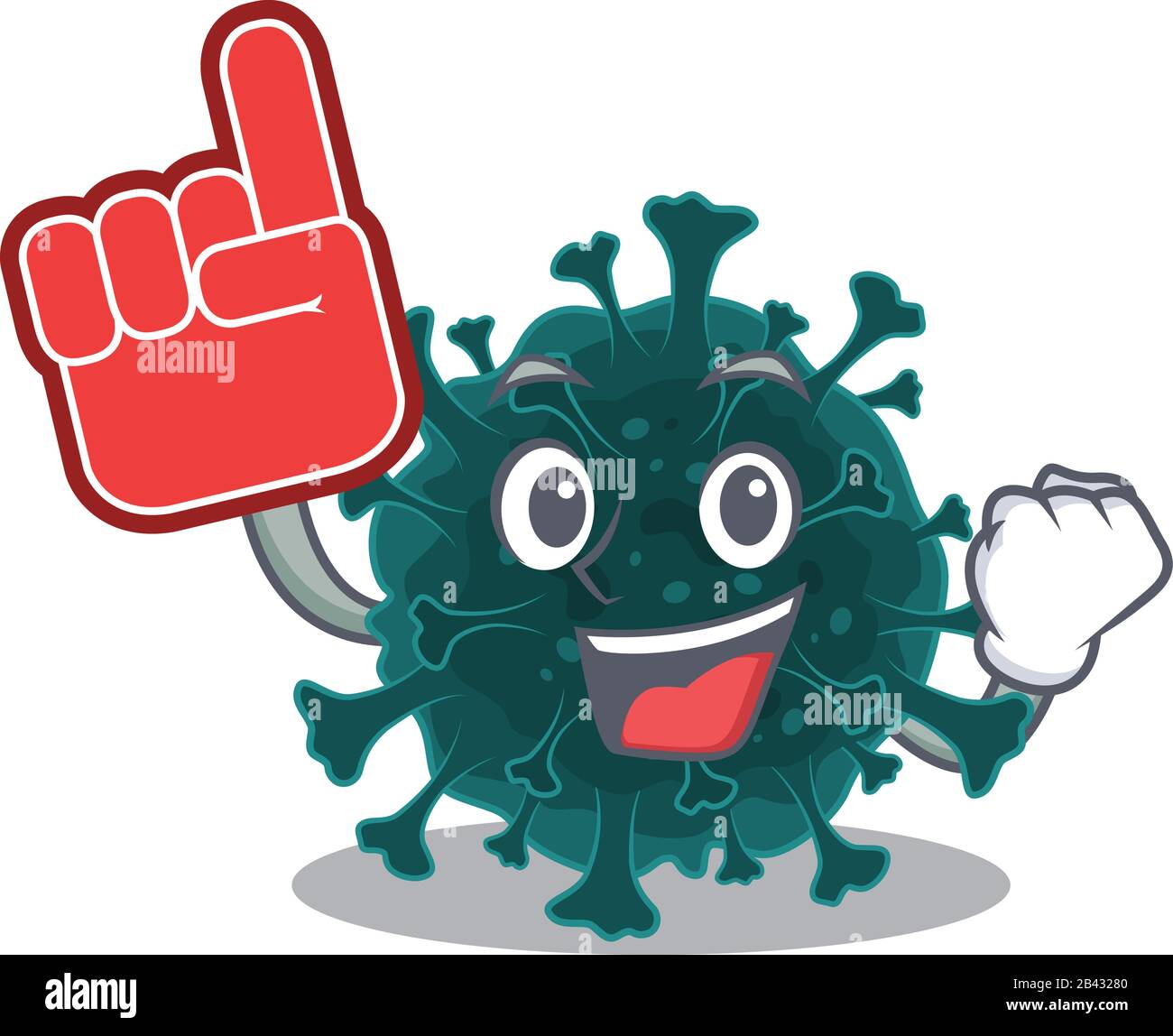 Coronavirus COVID 19 Maskottchen Cartoon-Stil mit Schaumstofffinger Stock Vektor