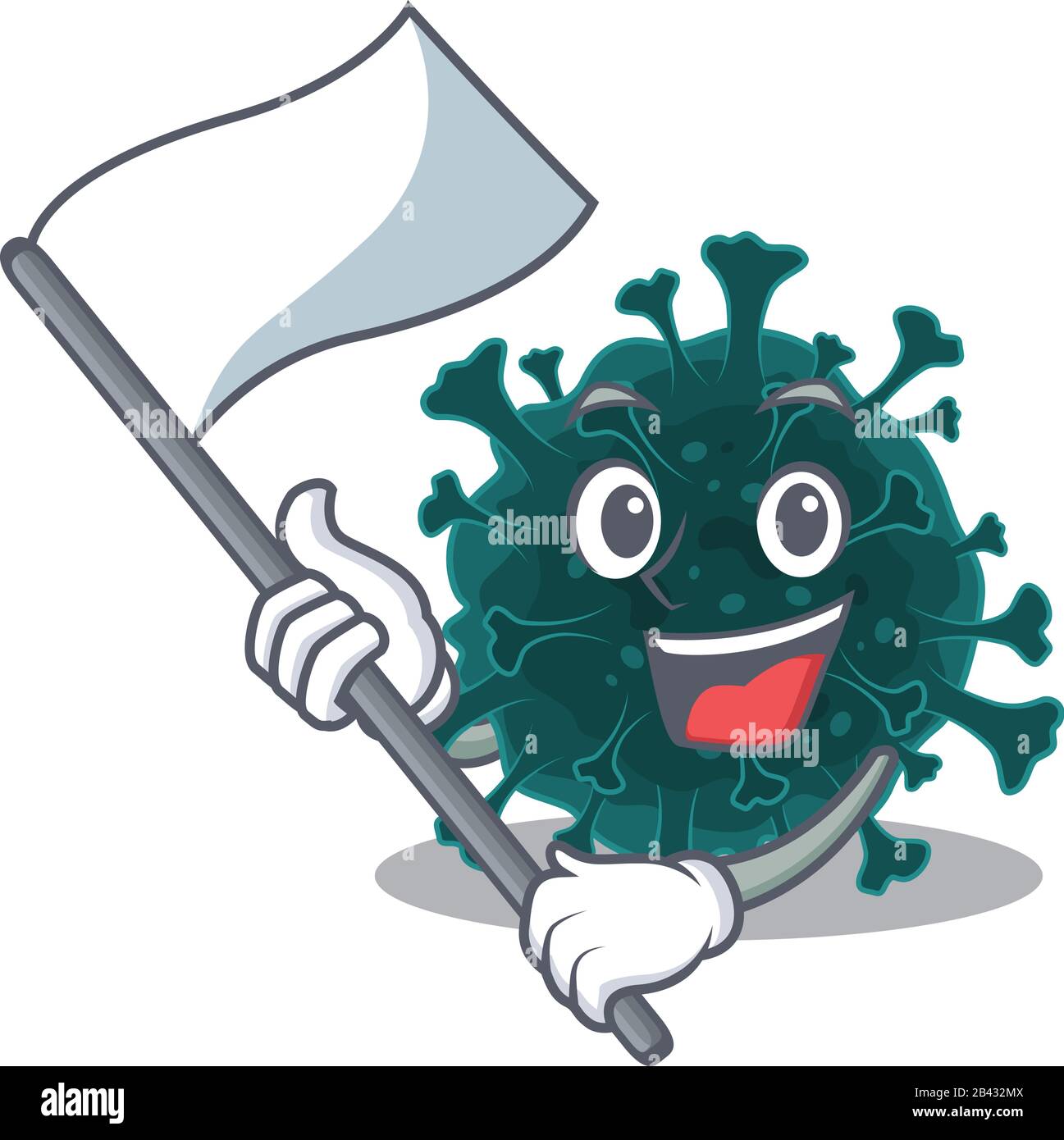 Coronavirus COVID 19 Cartoon-Charakter-Design mit stehender Flagge Stock Vektor