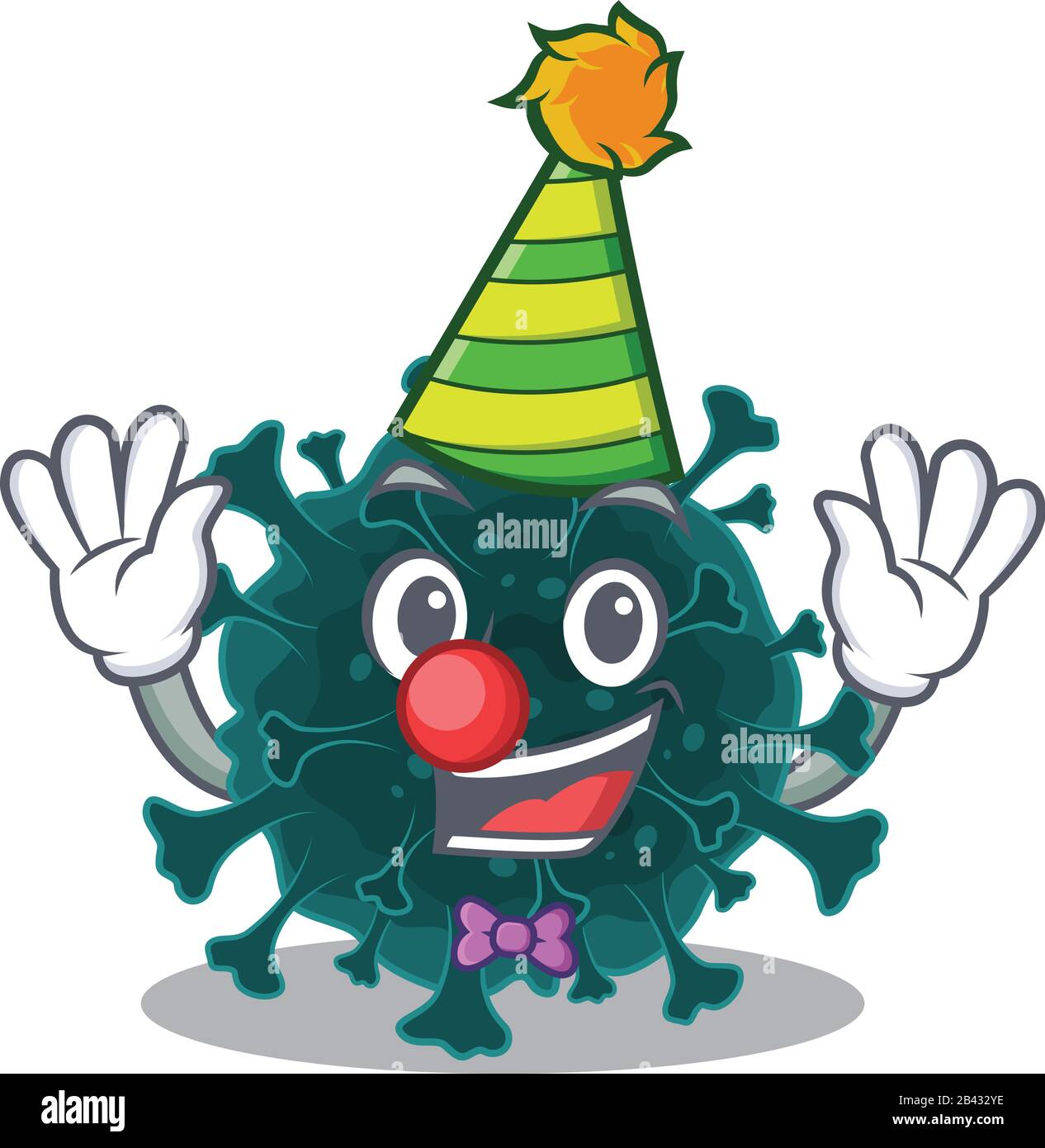Süßer und Lustiger Clown Coronavirus COVID 19 Cartoon-Charakter Maskottenstil Stock Vektor