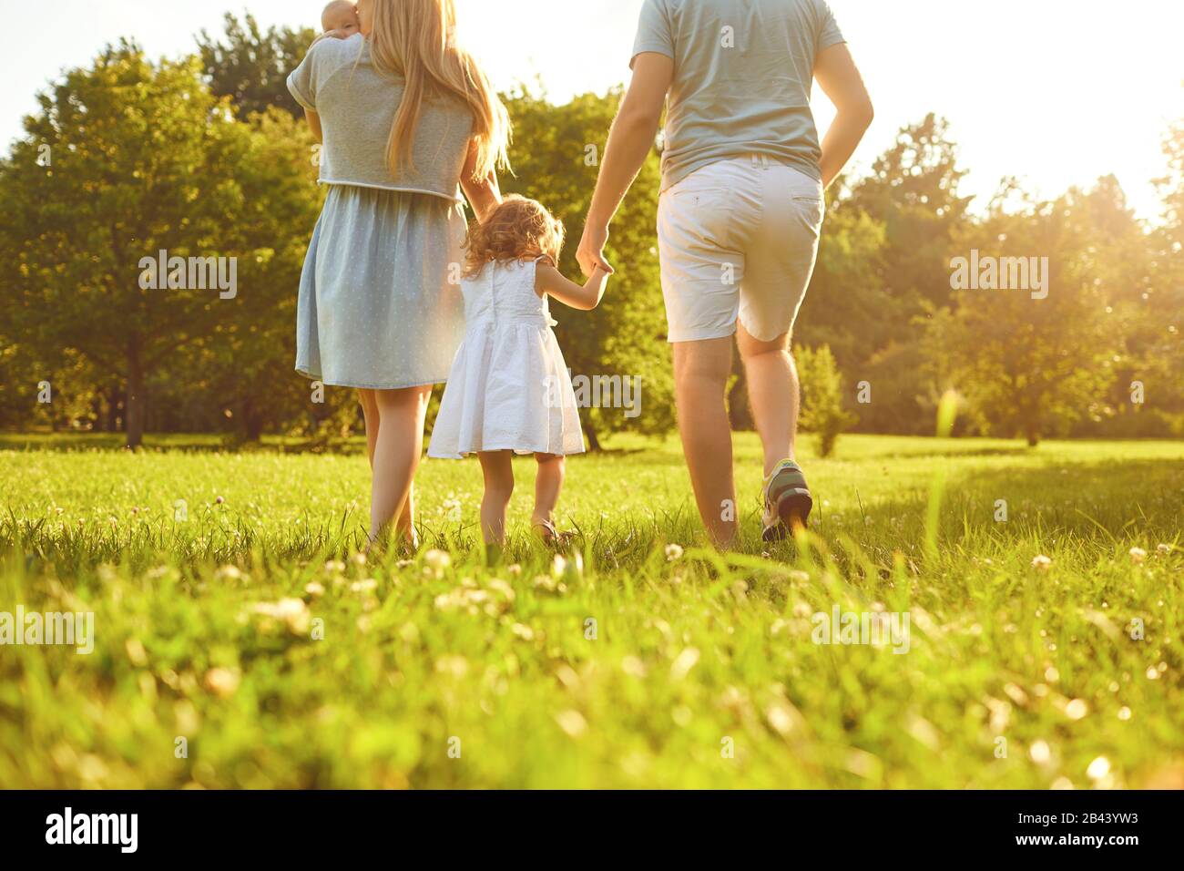 Fröhliche Familienspaziergänge auf dem Gras im Sommerpark. Mutter Vater und Kinder, die in der Natur spielen. Stockfoto